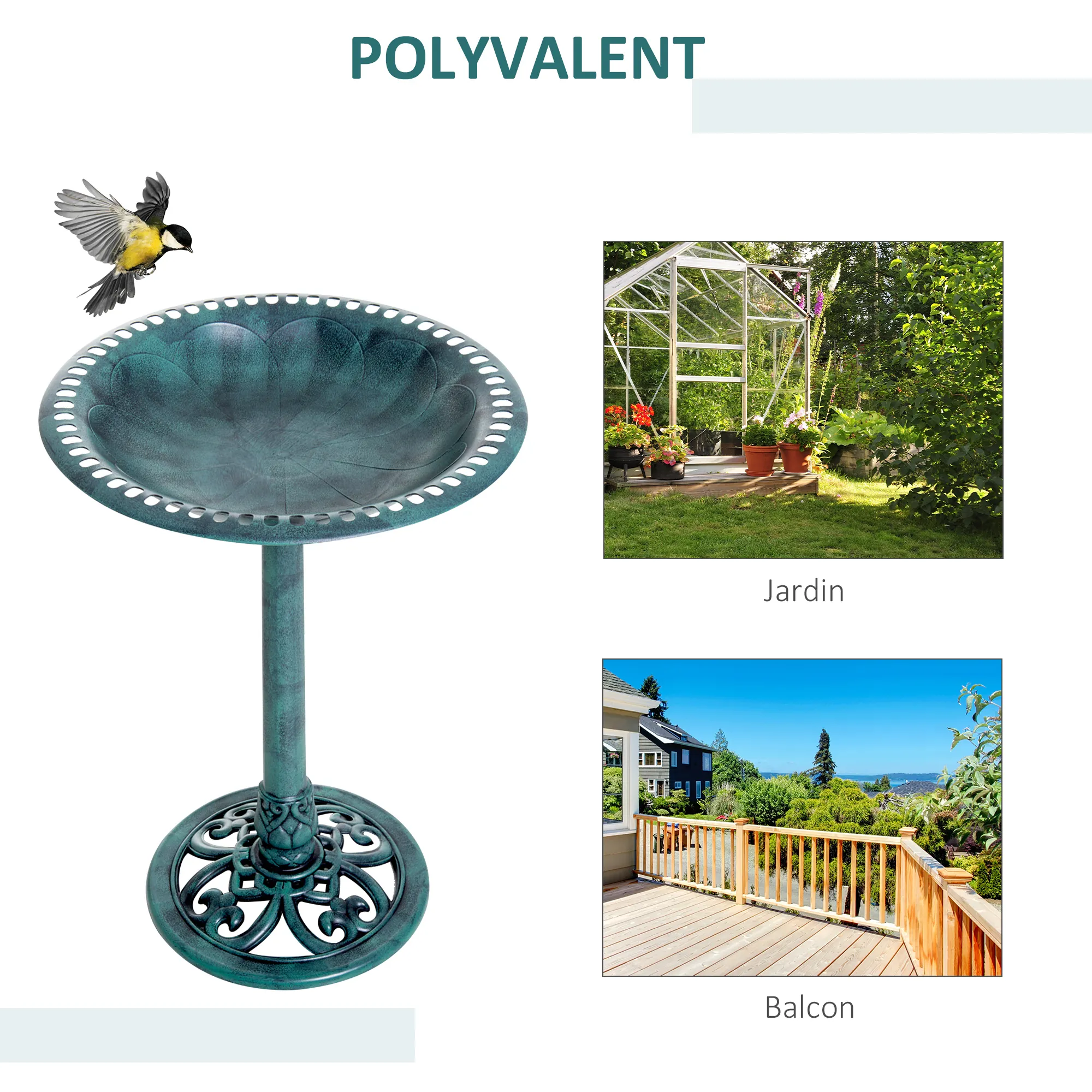 Bain d'oiseaux plateau de diamètre 50cm abreuvoir oiseaux extérieur sur pied hauteur 69,5 cm érugineux – vue de détail