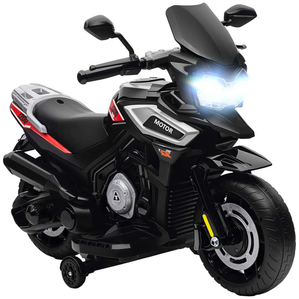 Moto Électrique Enfant 6 V avec Phares, Musique & Roues Stabilisatrices – 18-36 Mois – Noir