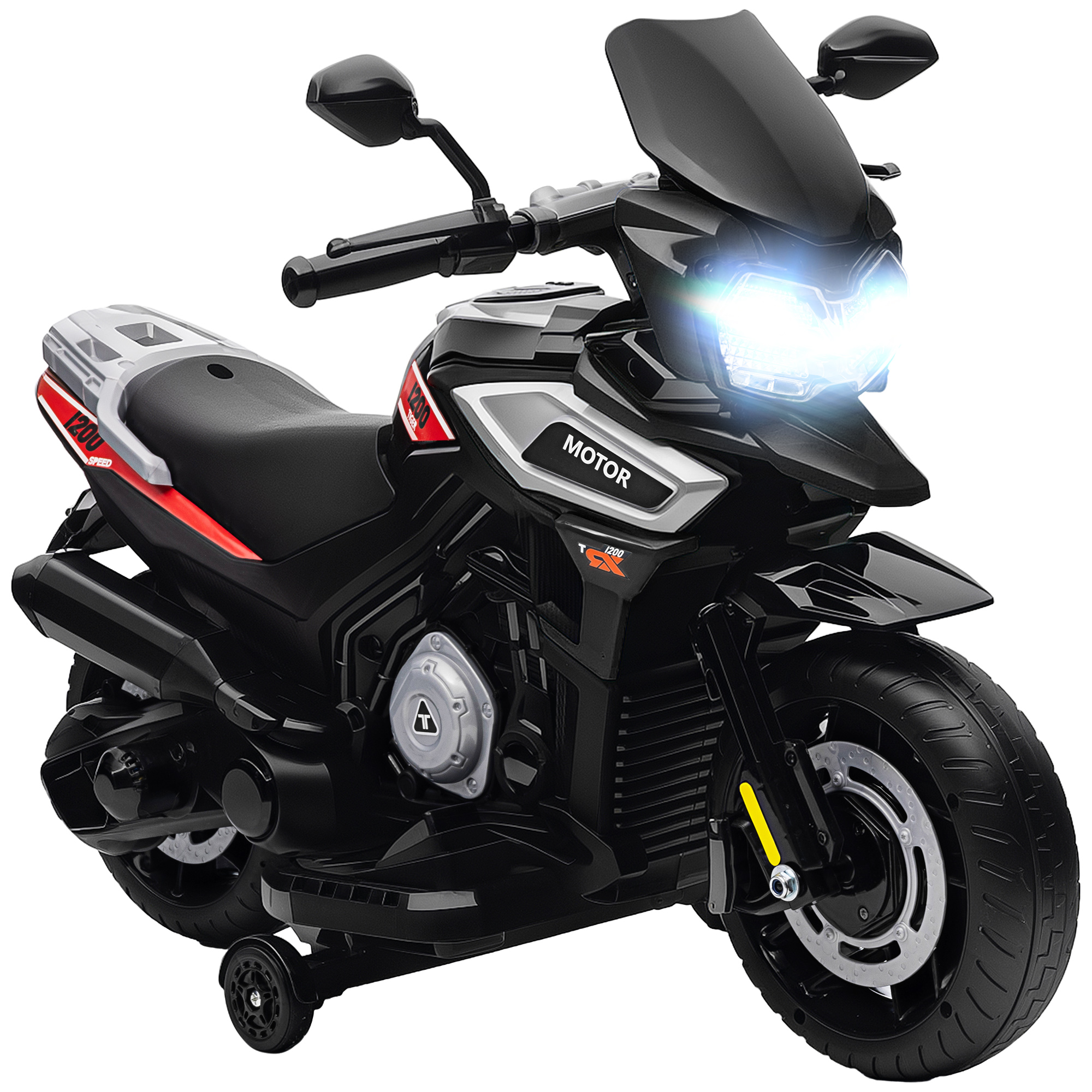 Moto Électrique Enfant 6 V avec Phares, Musique & Roues Stabilisatrices – 18-36 Mois – Noir