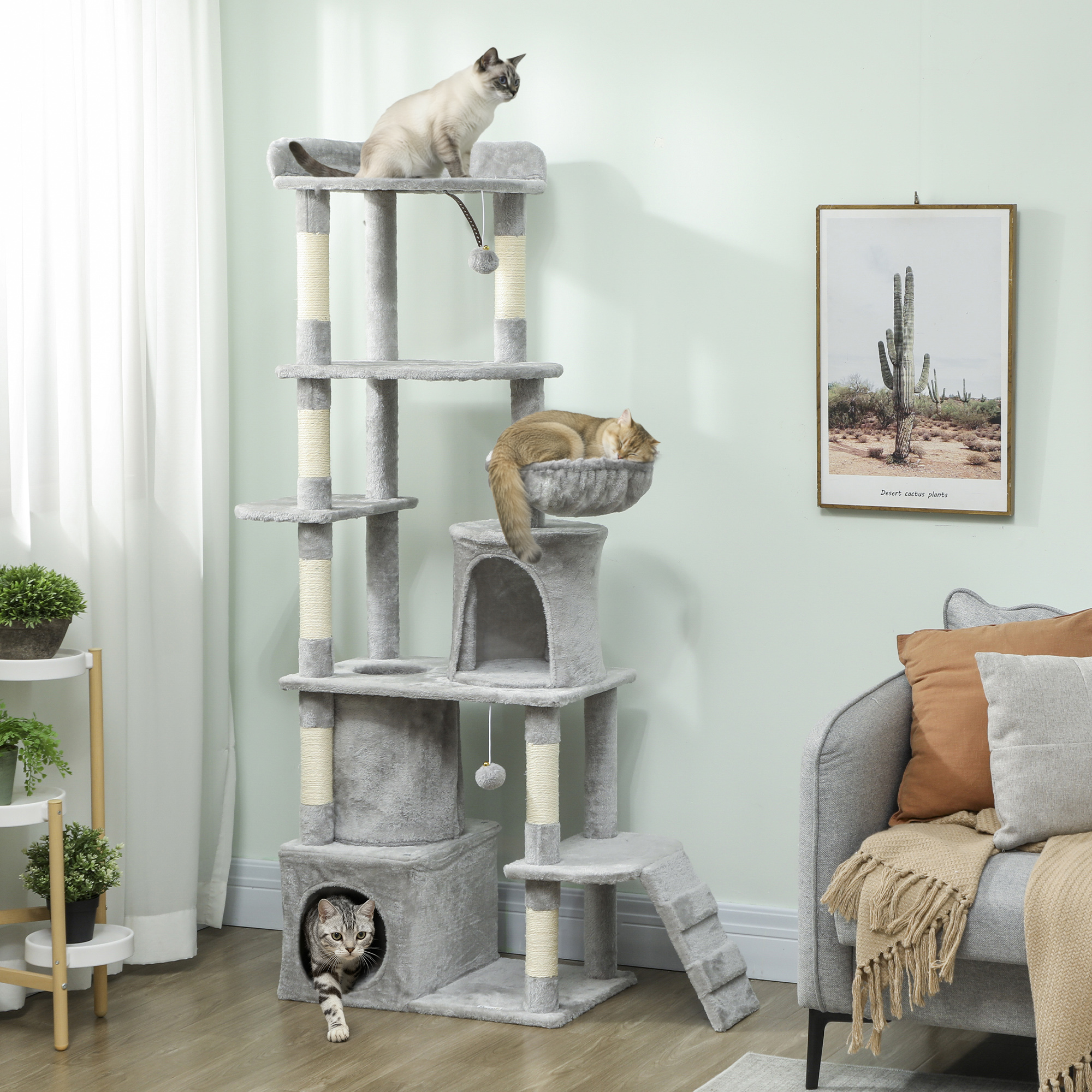 Arbre à chat tour de jeux 7 poteaux à griffer 3 platesformes 2 niches tunnel hamac et 2 pompons 170 cm gris foncé – vue supplémentaire