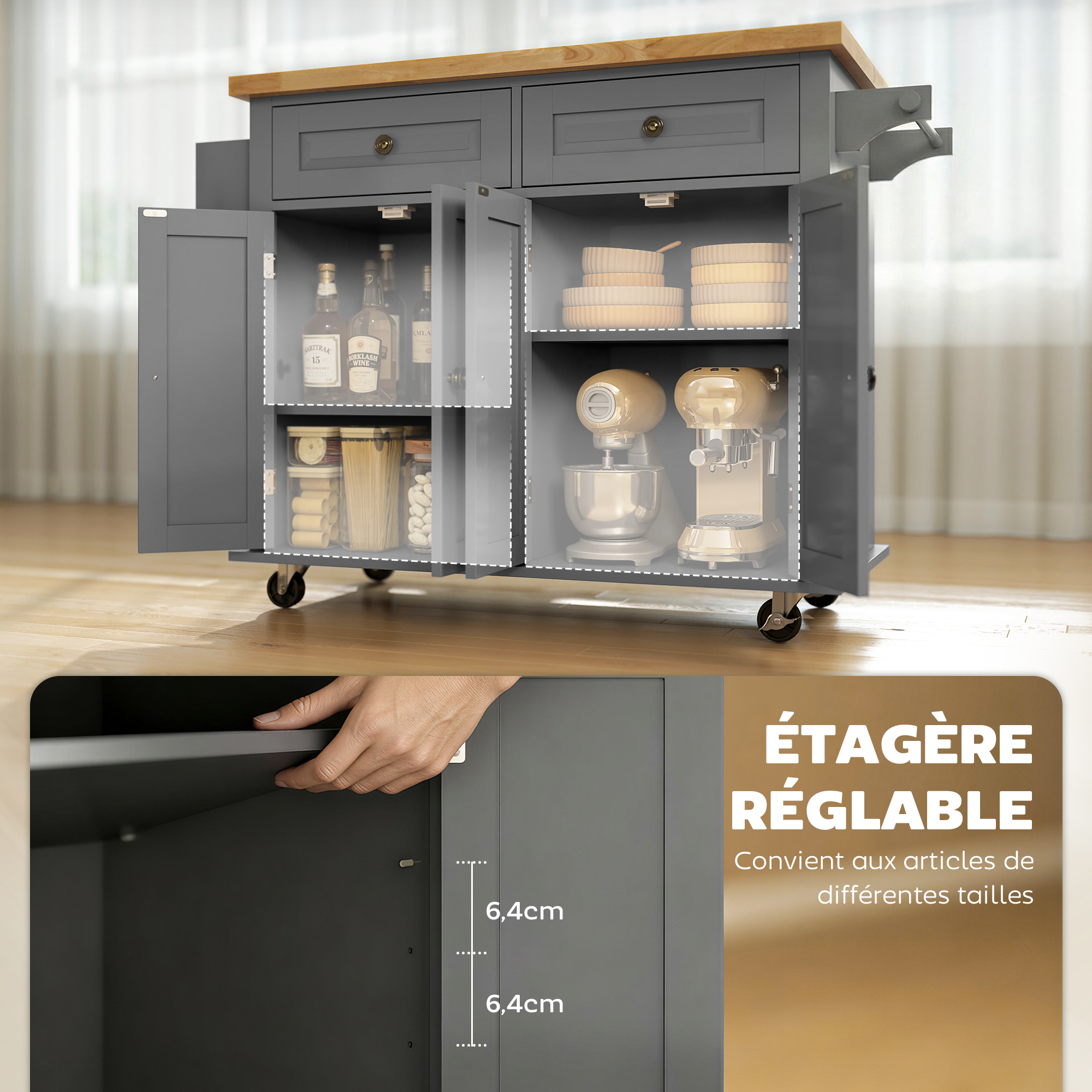 Desserte de Cuisine Mobile avec 2 Placards, 2 Tiroirs & Plateau en Hévéa – Gris – vue 5