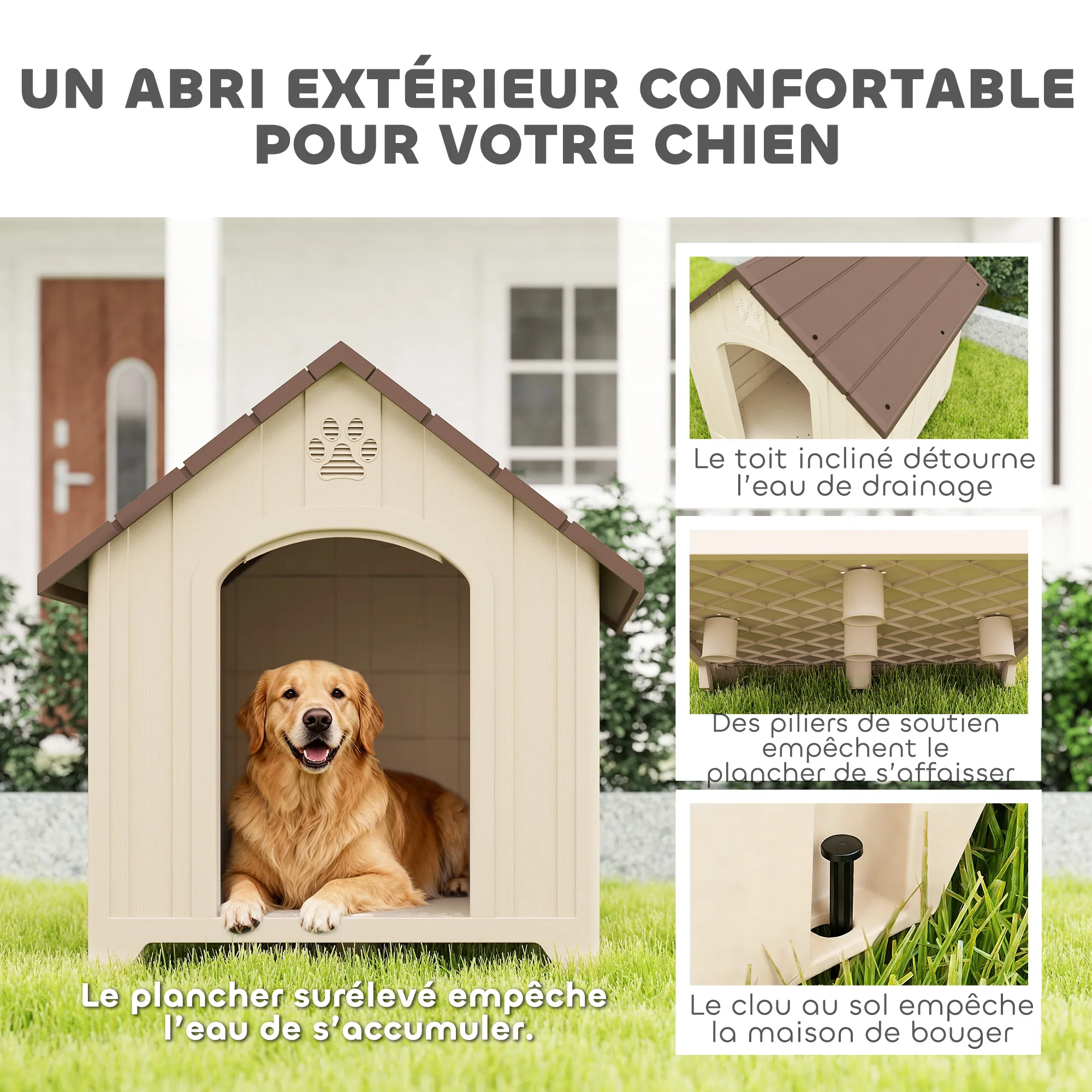 Niche pour chien extérieur, maison chien en polypropylène imperméable, ventilé, plancher surélevé, beige - Afbeelding 7