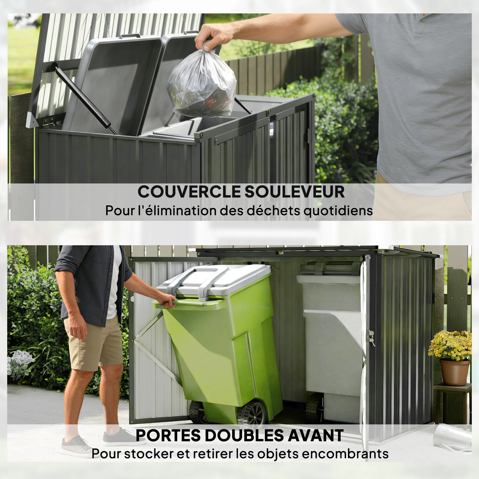 Cache-poubelles extérieur 2 bacs en acier galvanisé – gris foncé – vue 7
