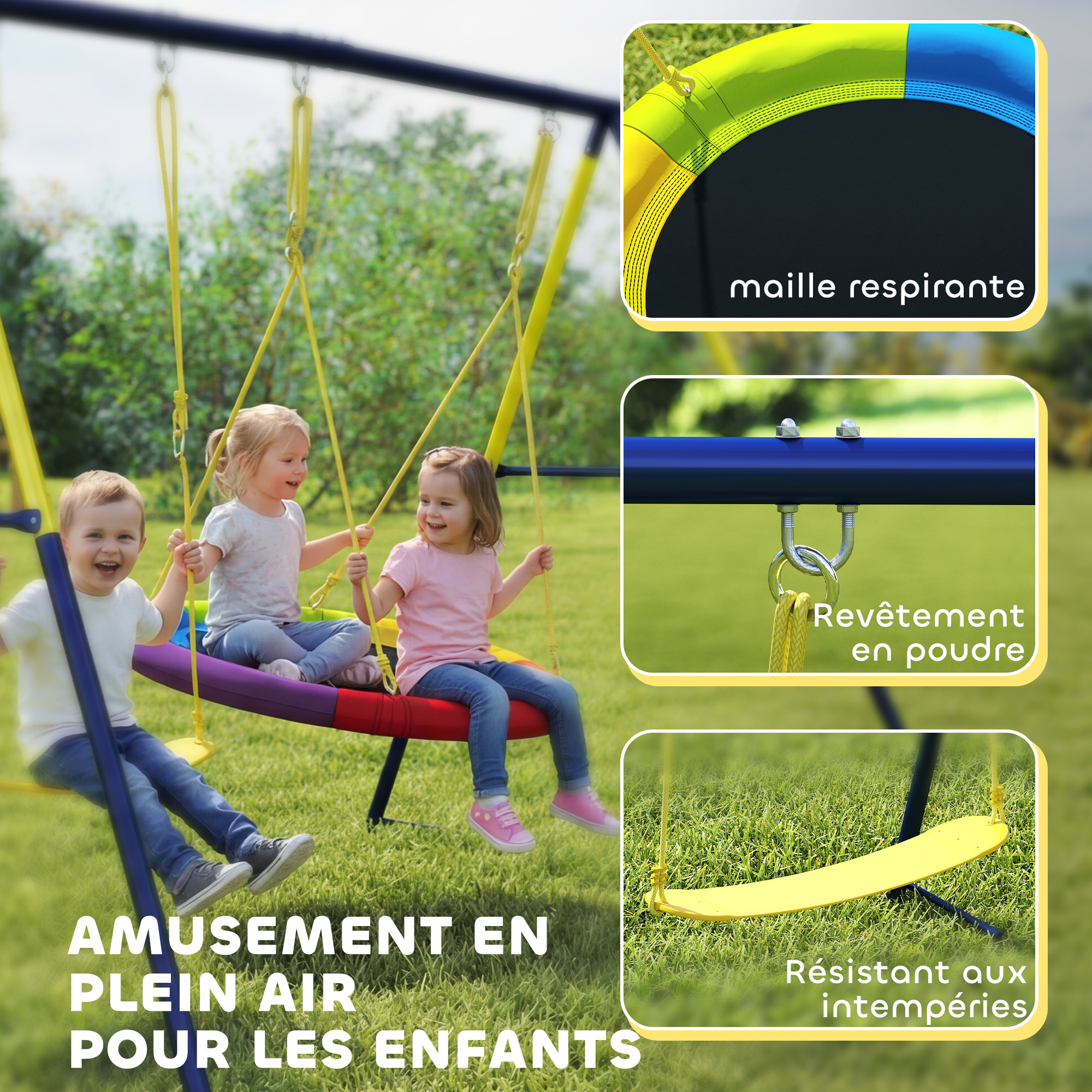 Balançoire portique pour enfant avec double balancelles, cordes réglables, cadre en acier, pour 3-8 ans, multicolore – vue 7