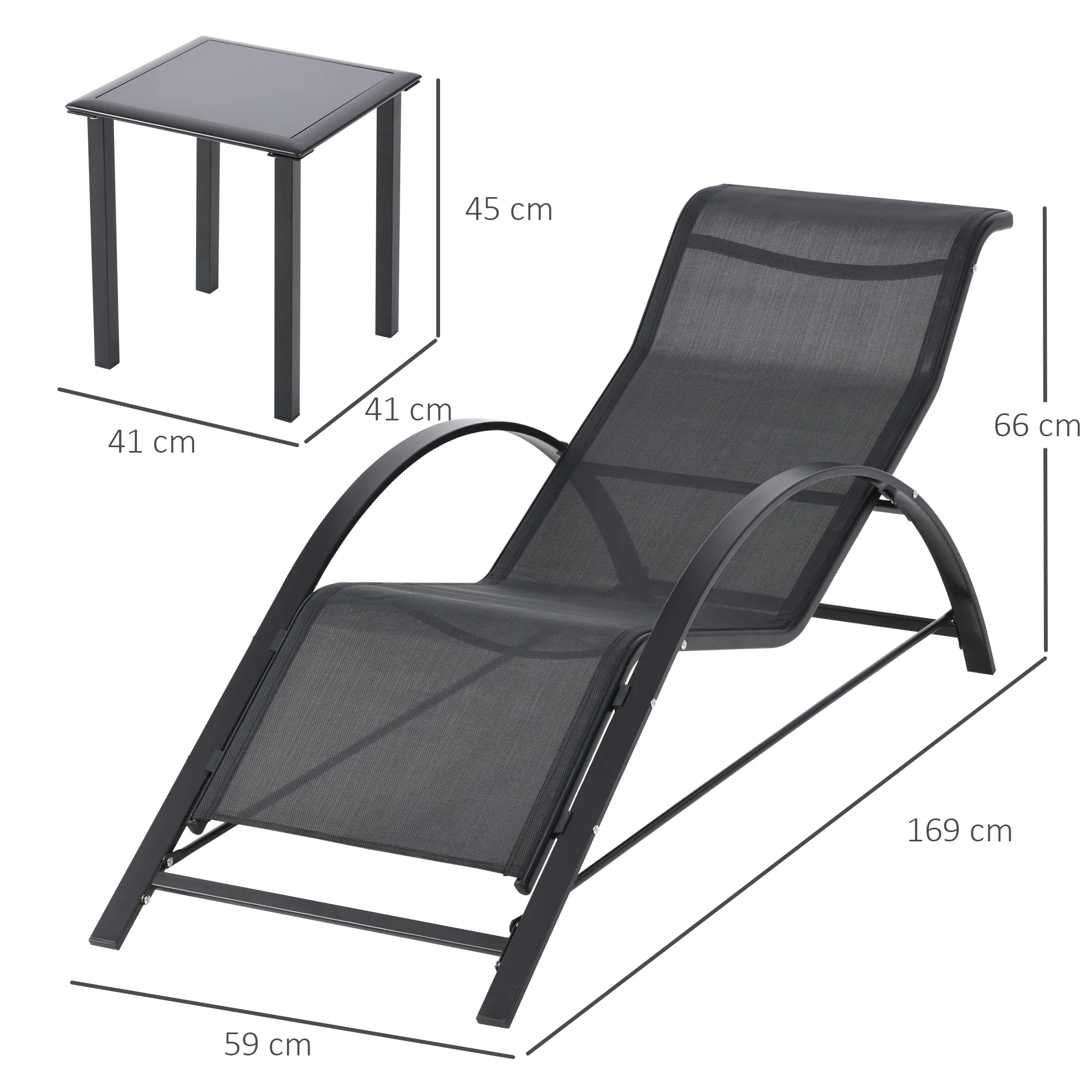 Lot de 2 bains de soleil chaise longue design contemporain table basse plateau verre trempé métal époxy textilène noir – autre vue