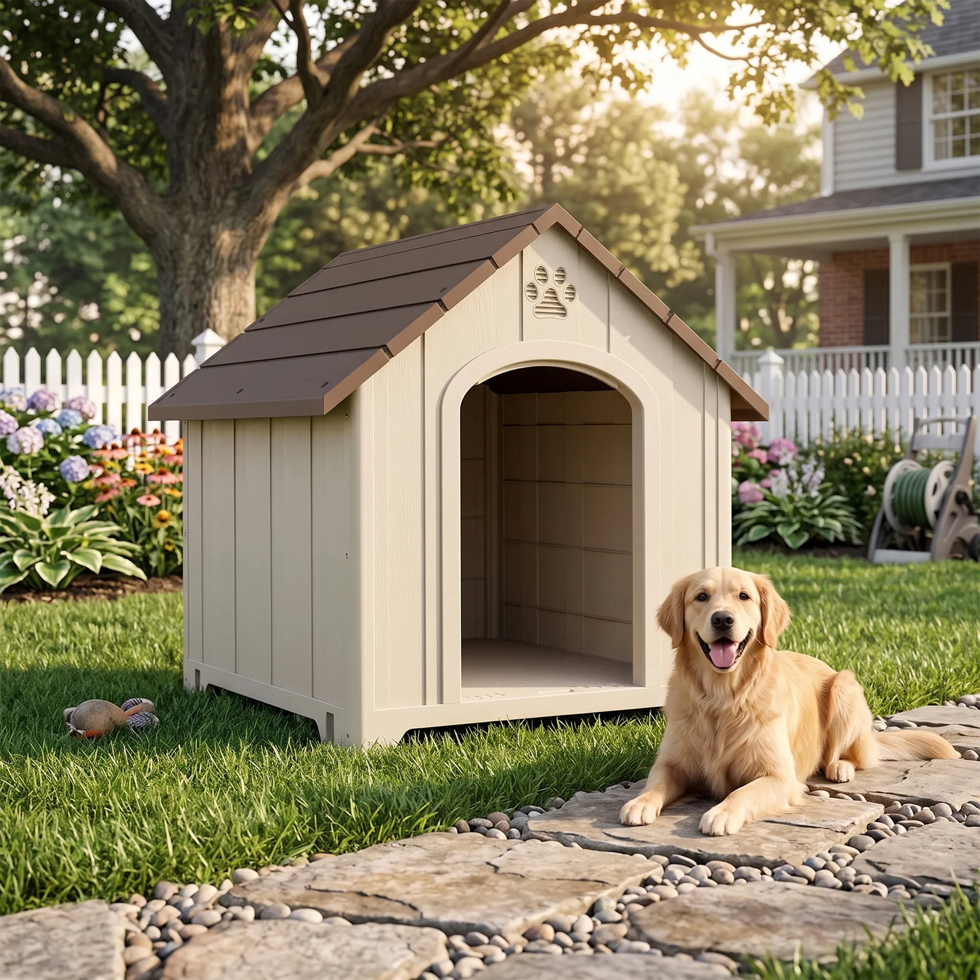 Niche pour chien extérieur, maison chien en polypropylène imperméable, ventilé, plancher surélevé, beige