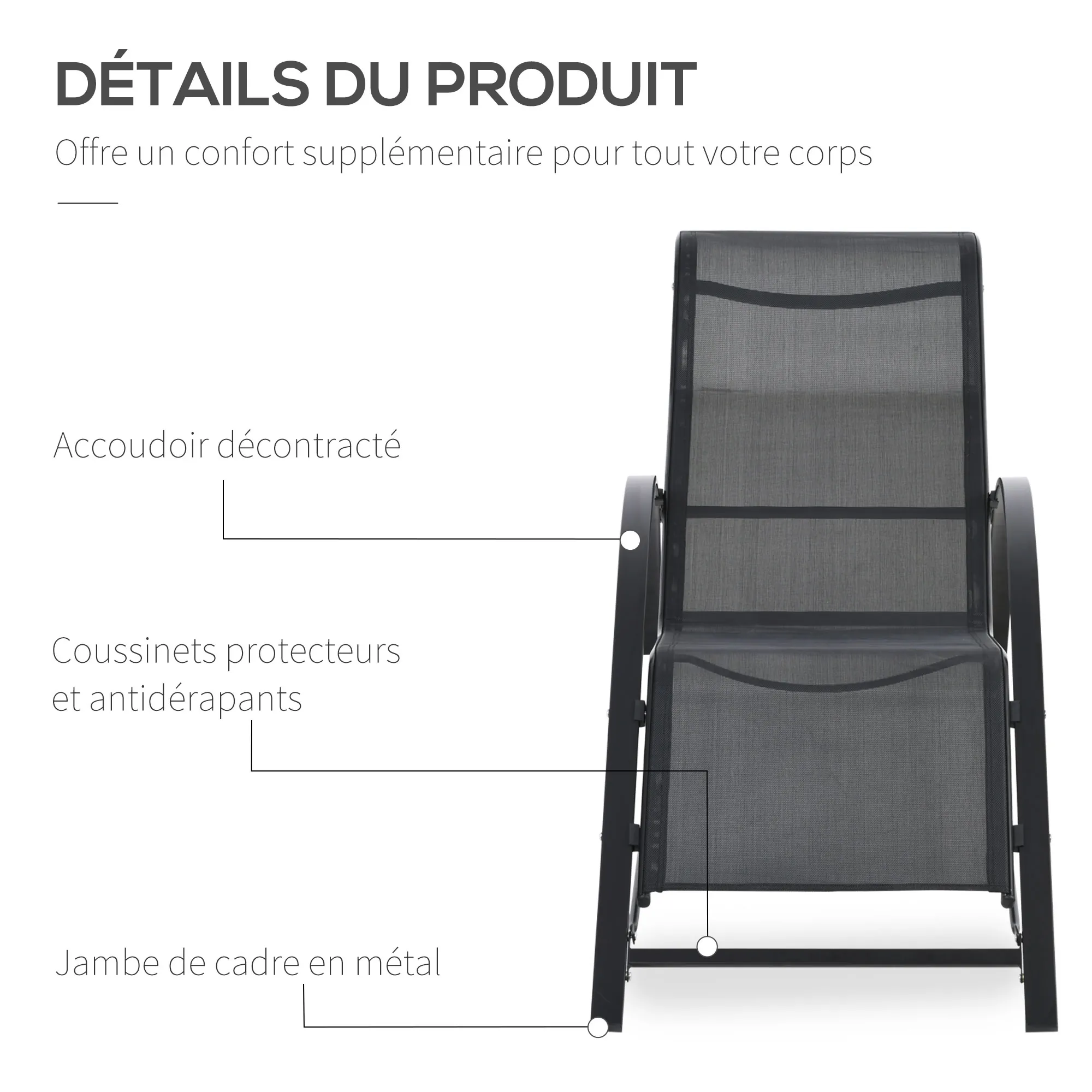 Lot de 2 bains de soleil chaise longue design contemporain table basse plateau verre trempé métal époxy textilène noir – vue 6
