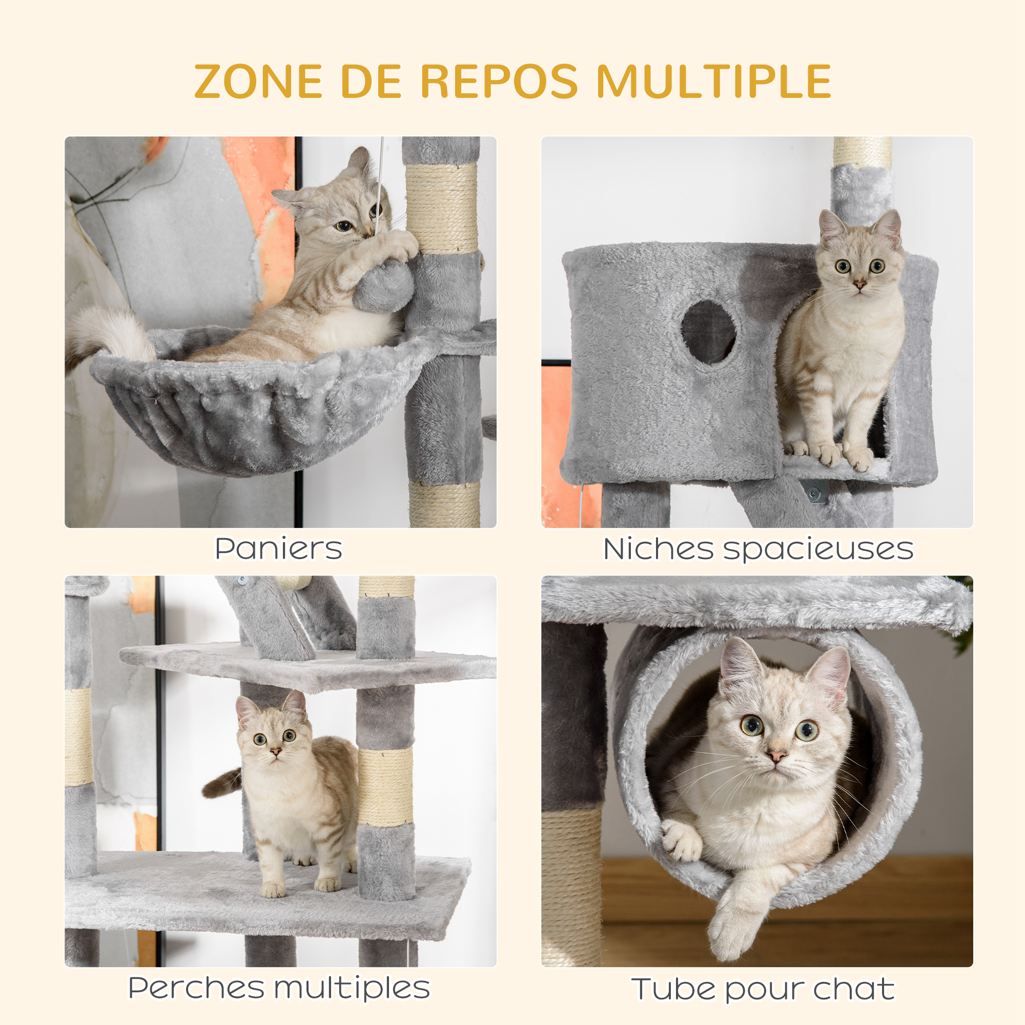Arbre à chat du sol au plafond, tour à chat réglable en hauteur de 240-260 cm à plusieurs niveaux, gris clair – vue 5