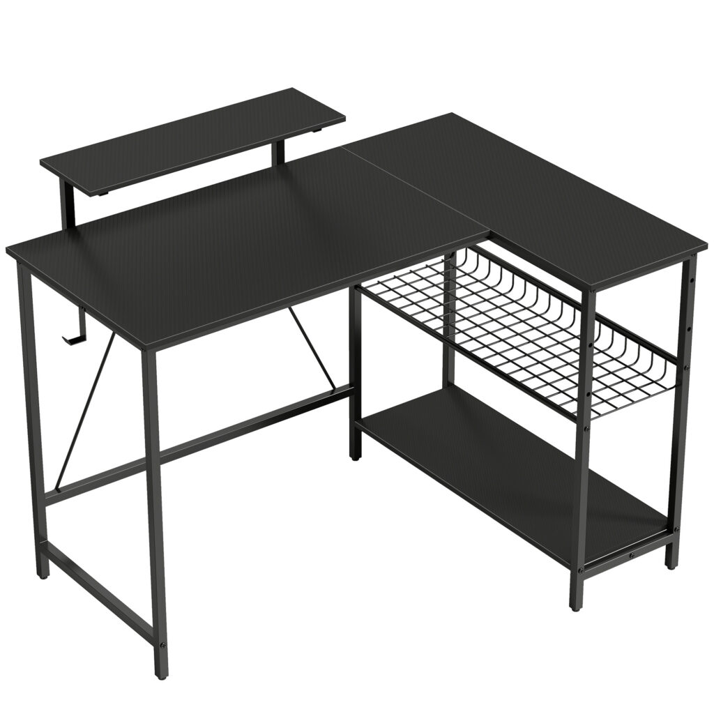 Bureau Gaming d’Angle Réversible avec Support Écran et Étagère – Noir