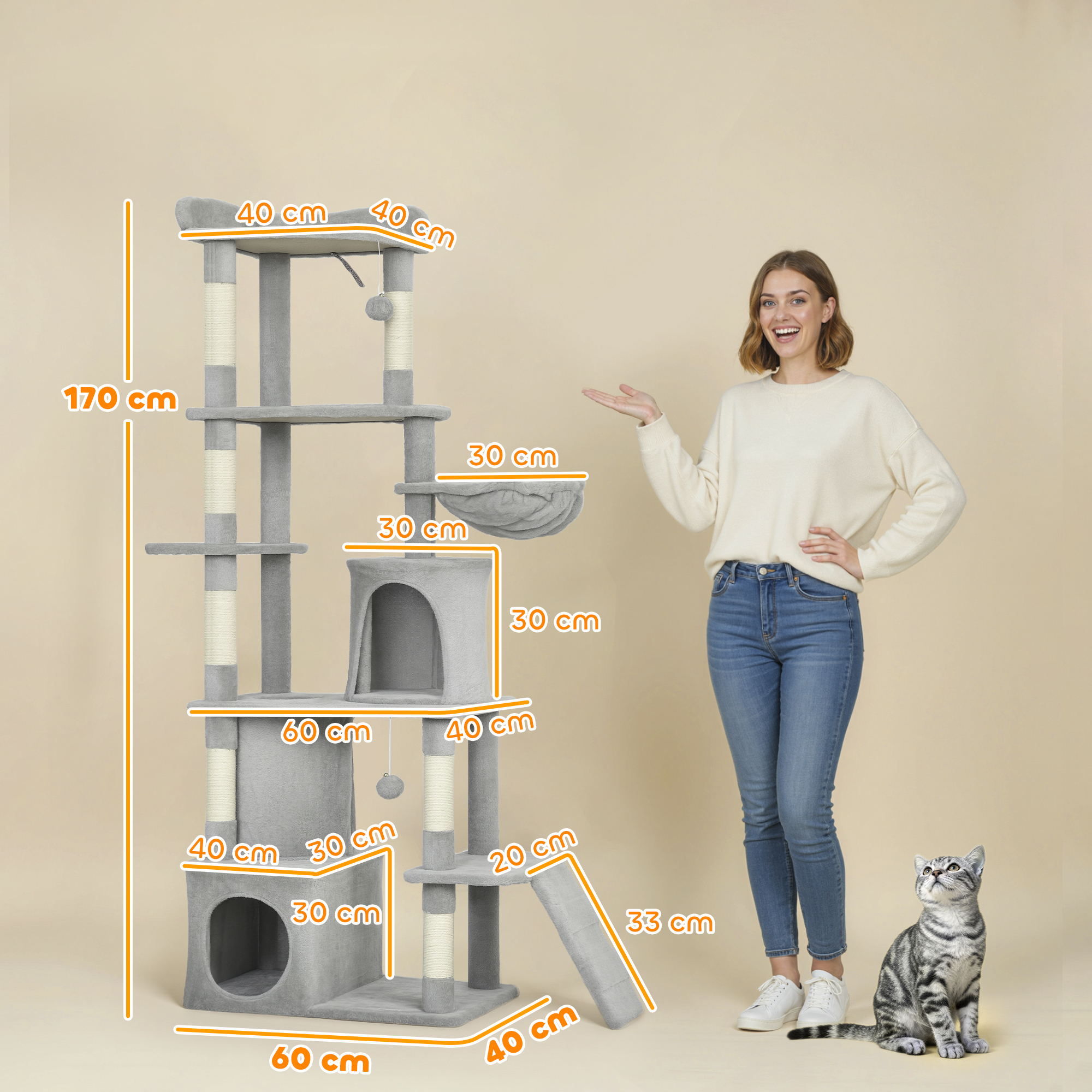 Arbre à chat tour de jeux 7 poteaux à griffer 3 platesformes 2 niches tunnel hamac et 2 pompons 170 cm gris foncé – autre vue