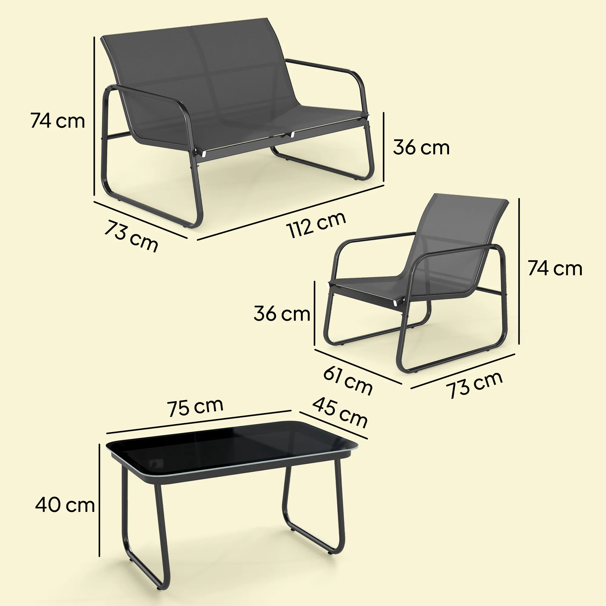 Salon de jardin 4 pièces avec canapé, fauteuils et table basse, gris foncé et noir – autre vue