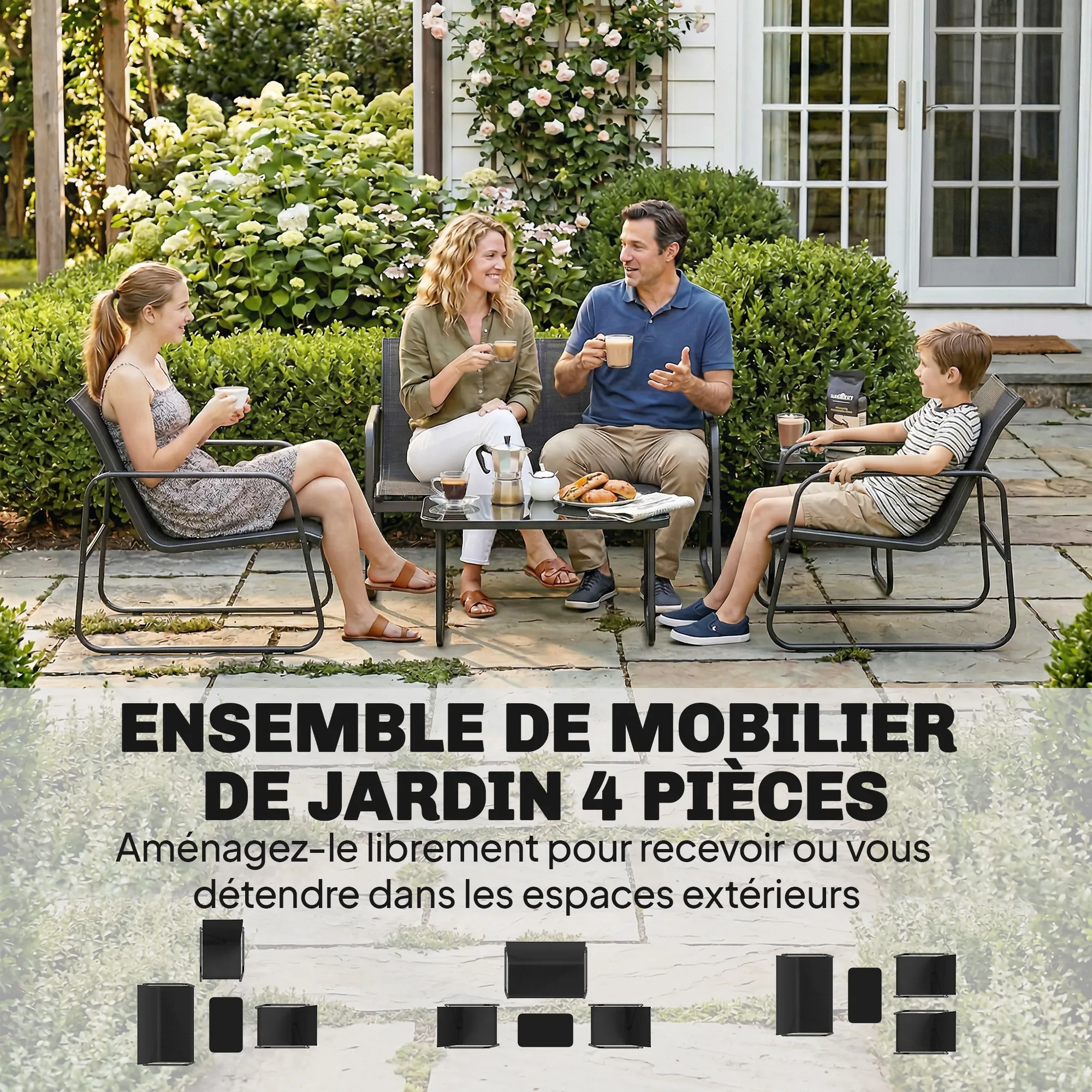 Salon de jardin 4 pièces avec canapé, fauteuils et table basse, gris foncé et noir – vue de détail