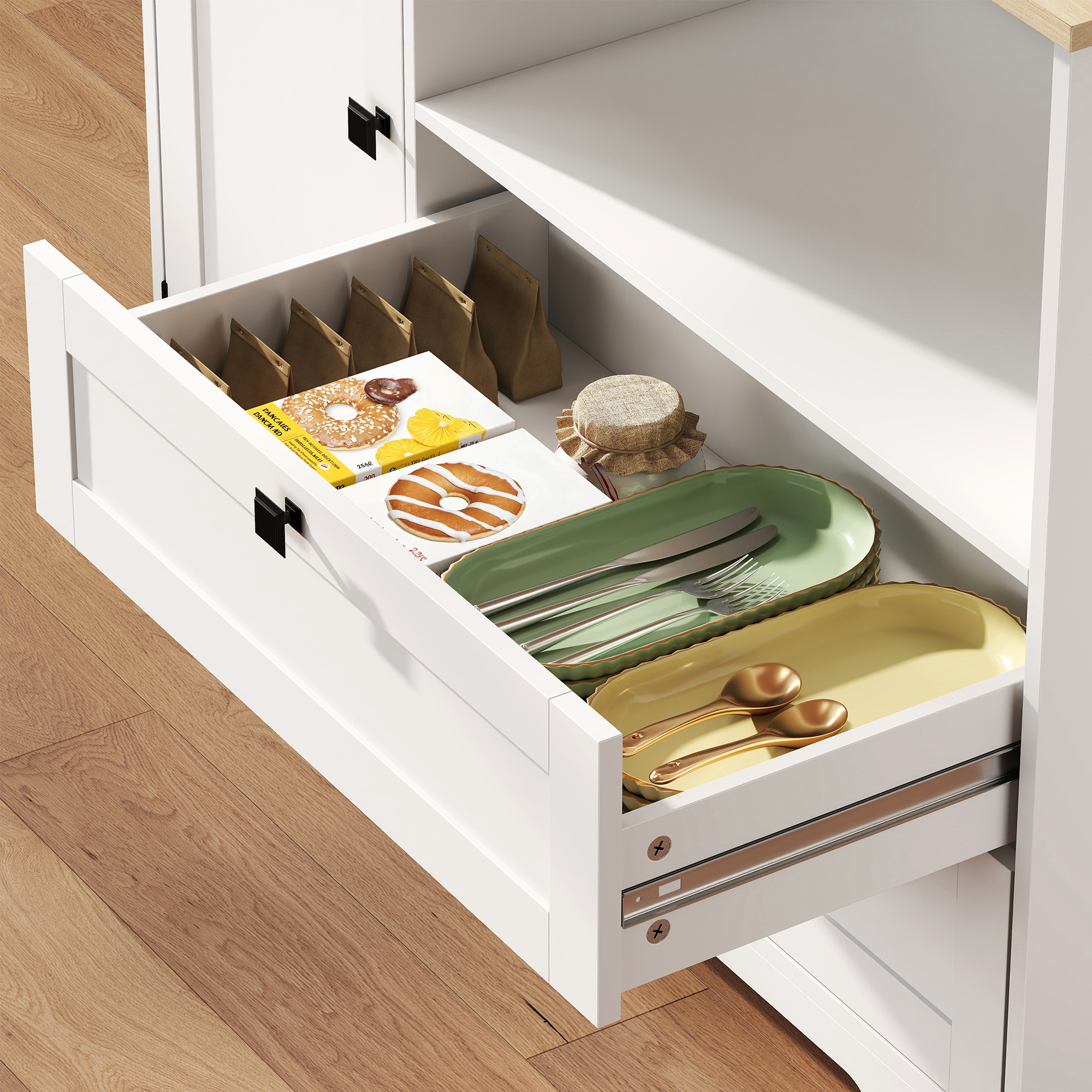 Buffet Haut Cuisine, Armoire Cuisine avec 3 Portes, 2 Tiroirs, Plan de Travail, Compartiments Ouverts, Blanc – vue 9