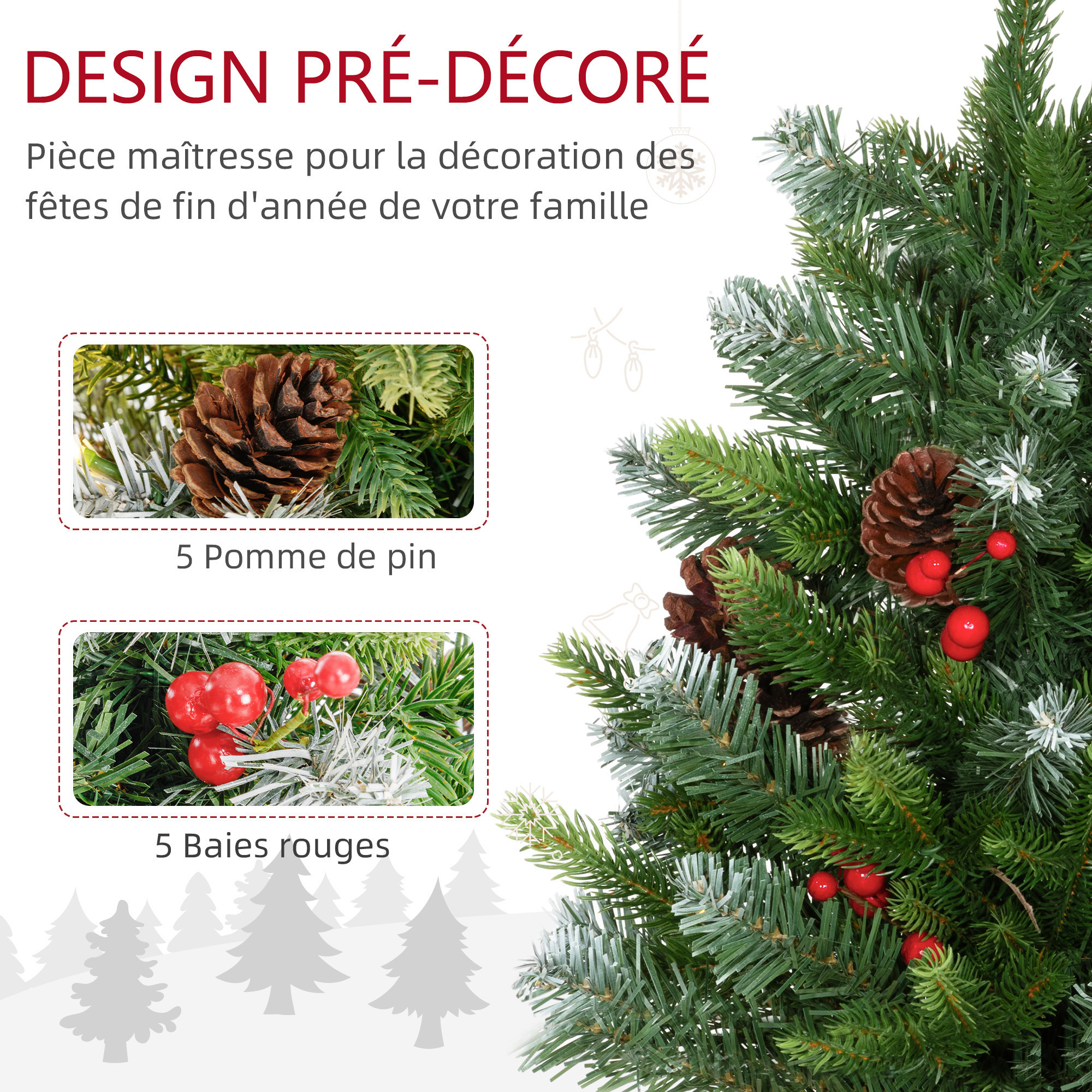 Sapin de Noël de table 60 cm lumineux – 20 LED, pommes de pin et baies – HOMCOM – vue 5
