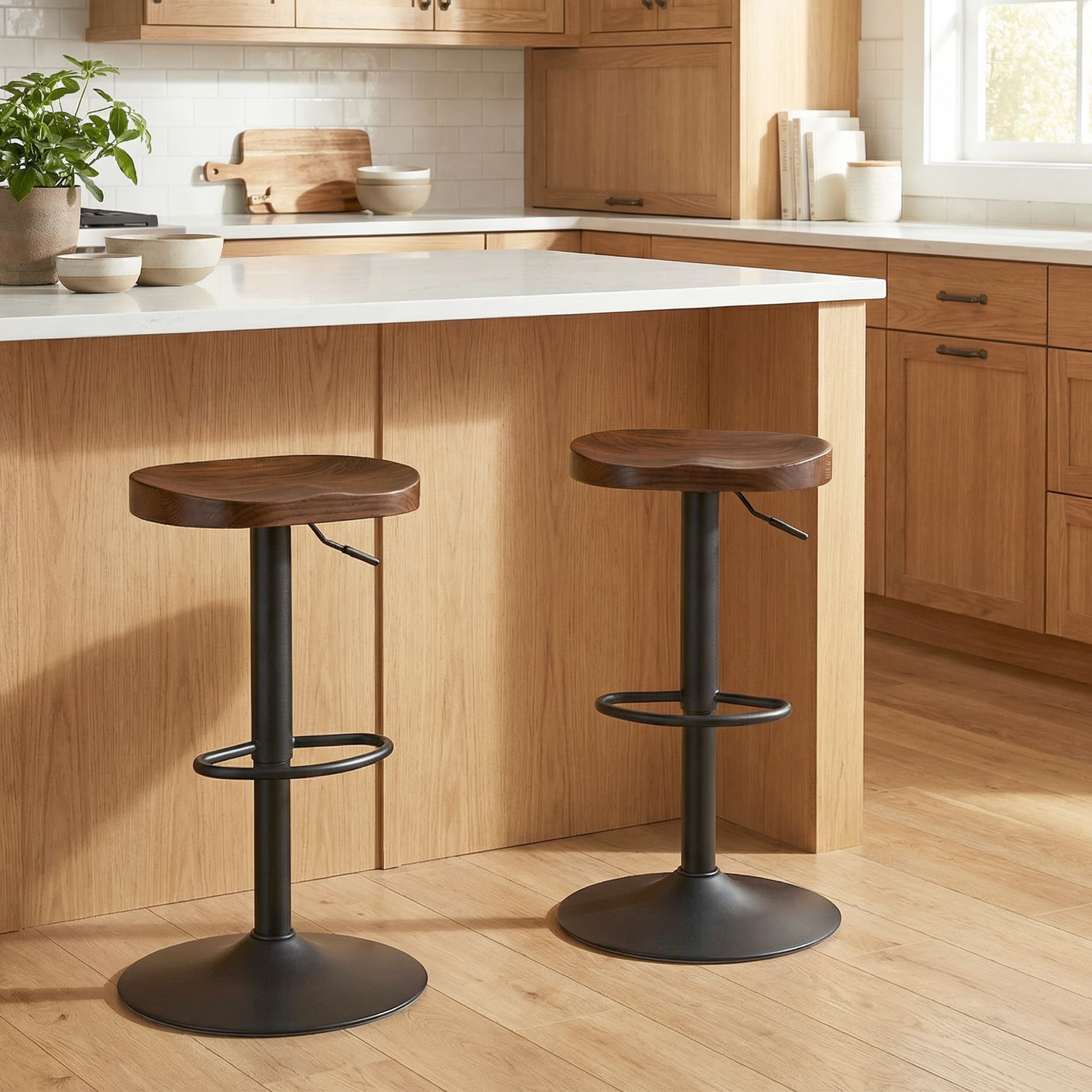 Lot de 2 Tabourets de Bar Pivotants & Réglables 61–82 cm – Bois d’Orme & Métal – Marron Foncé – vue 8