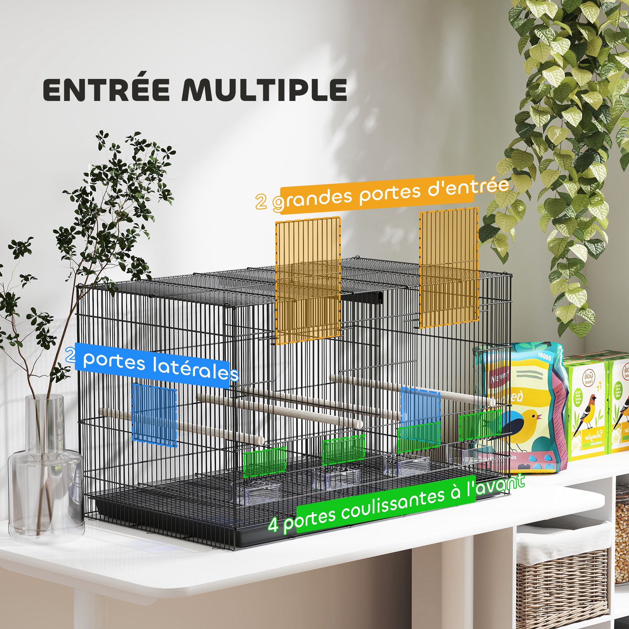 Cage à oiseaux volière intérieur acier avec séparateur 4 perchoirs plateau coulissant 4 mangeoires 76 x 46 x 46 cm noir – vue 6