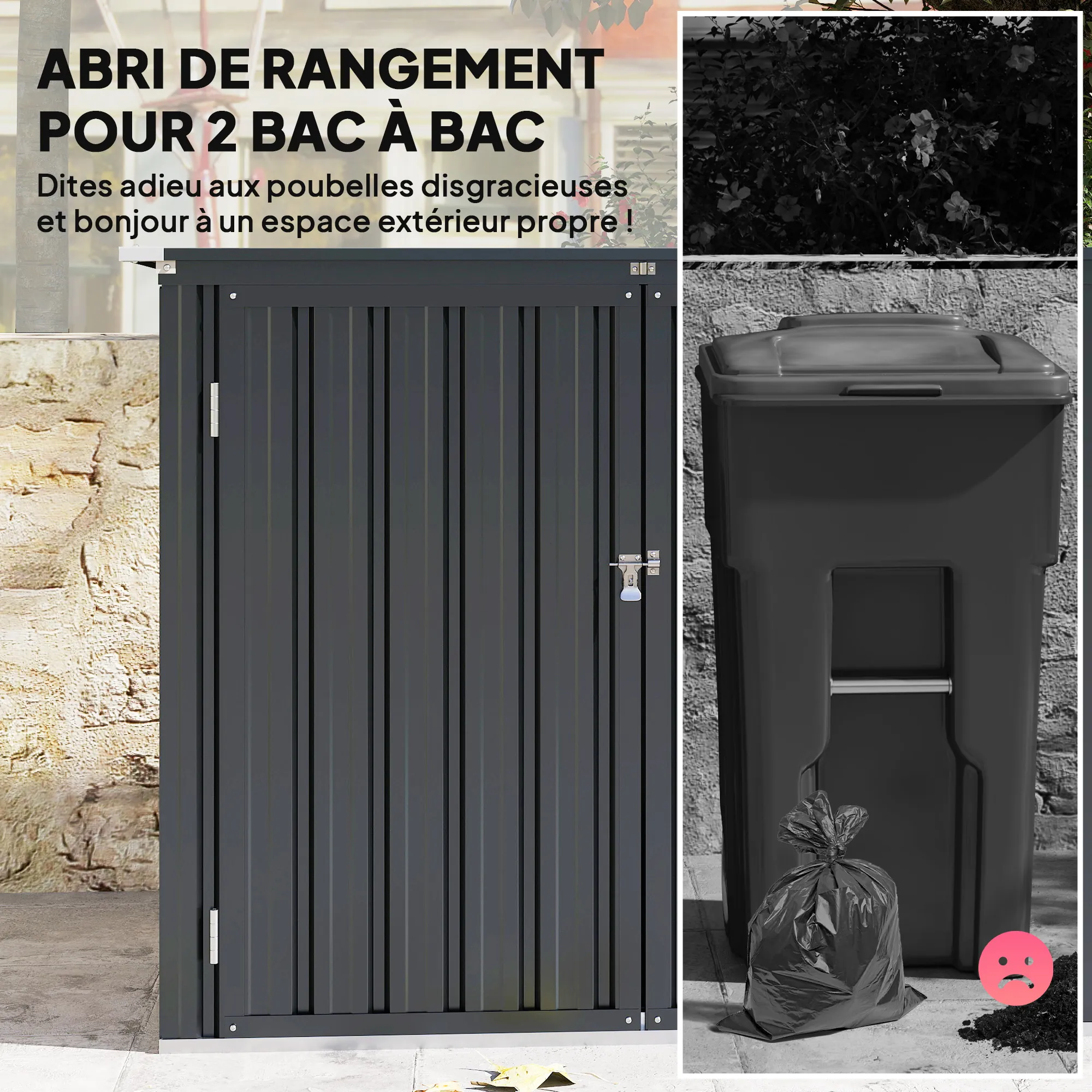 Cache-poubelles extérieur 2 bacs en acier galvanisé – gris foncé – vue de détail