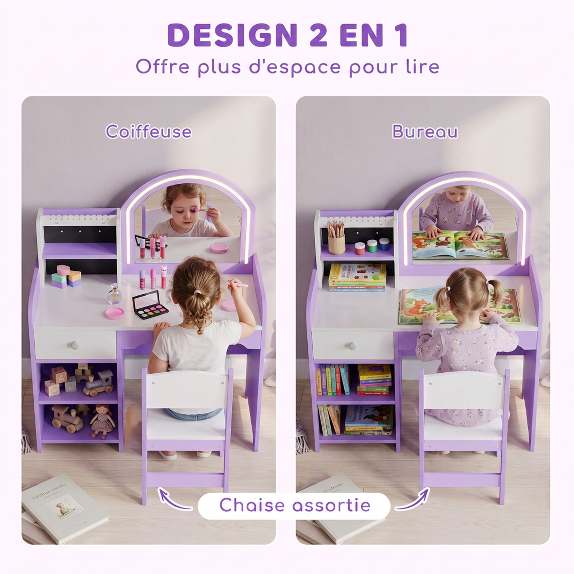Coiffeuse Enfant avec Miroir, Éclairage LED, Rangements & Tabouret – Violet & Blanc – vue 7