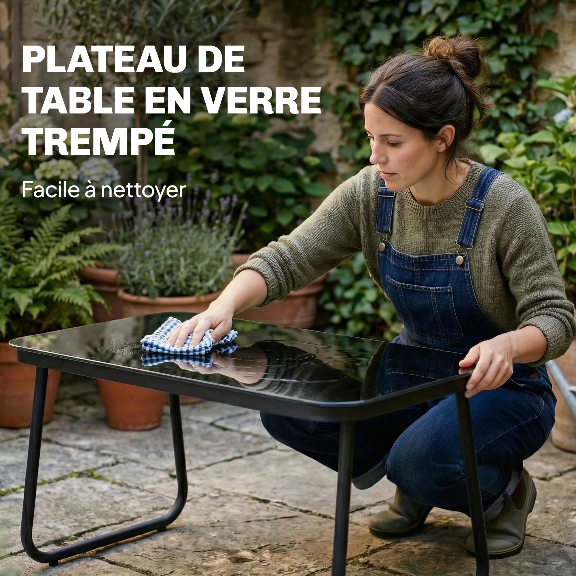 Salon de jardin 4 pièces avec canapé, fauteuils et table basse, gris foncé et noir – vue 6