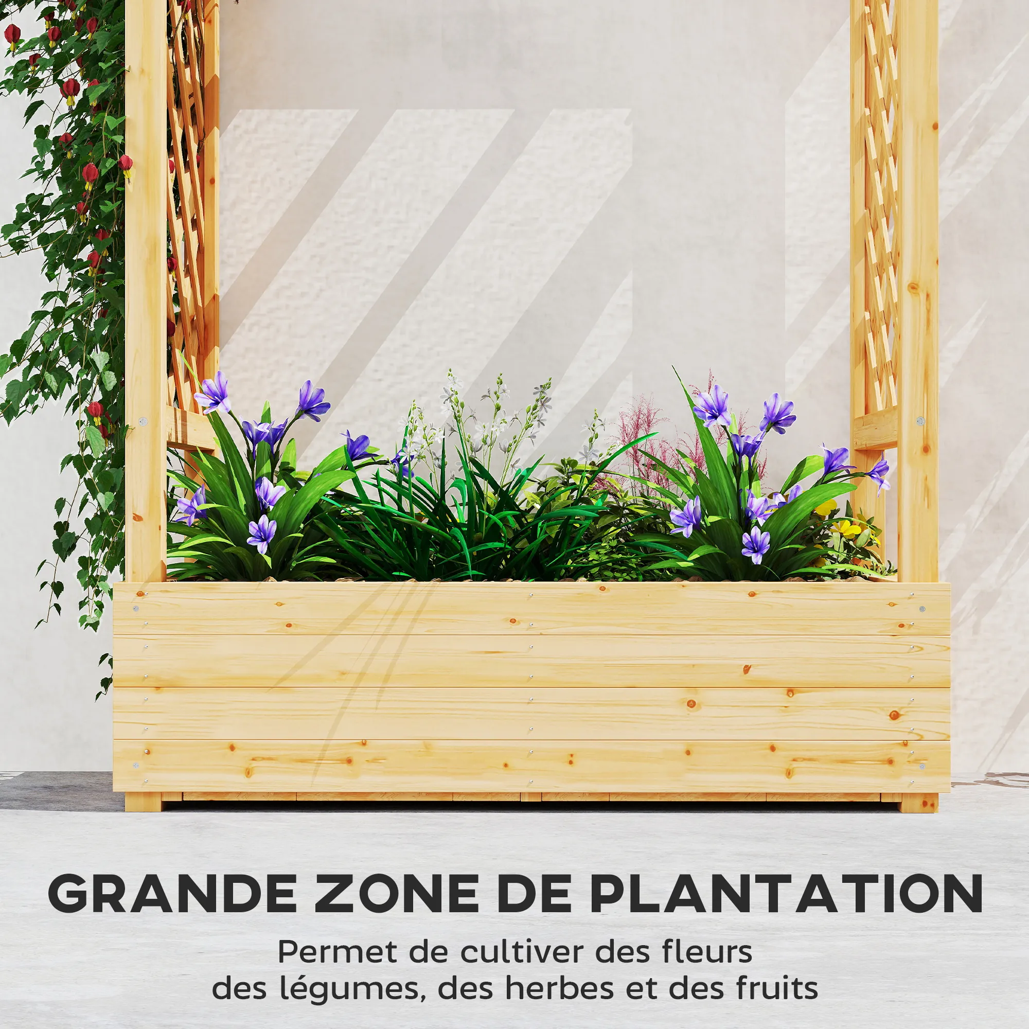 Jardinière surélevée avec treillis latéral et supérieur, bac à fleurs trous de drainage, 110x44x113cm, bois naturel – vue de détail