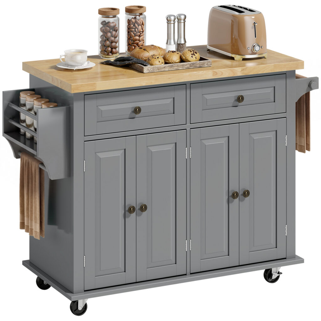 Desserte de Cuisine Mobile avec 2 Placards, 2 Tiroirs & Plateau en Hévéa – Gris