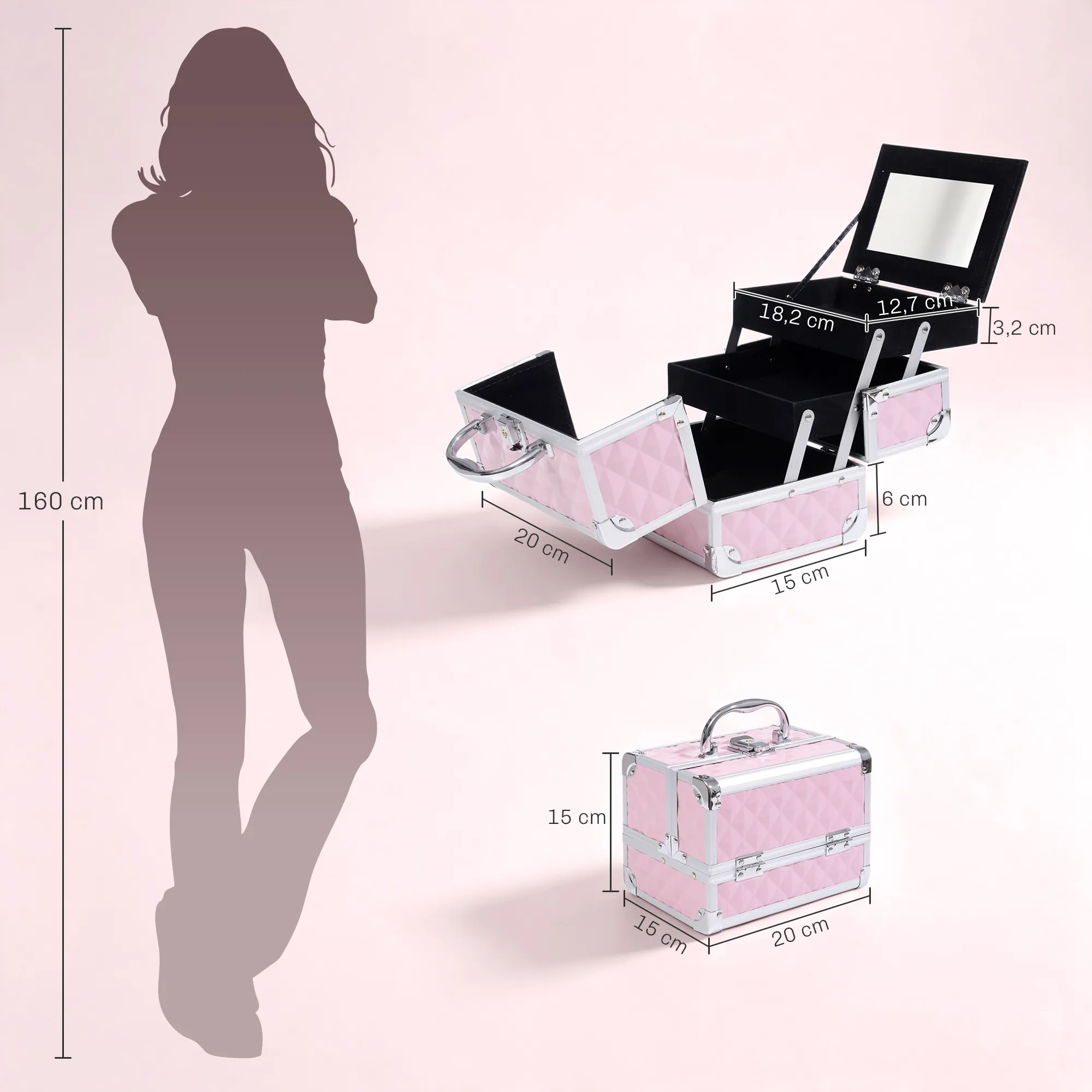 Mallette de maquillage 3 niveaux avec miroir & serrure – rose - Image 3