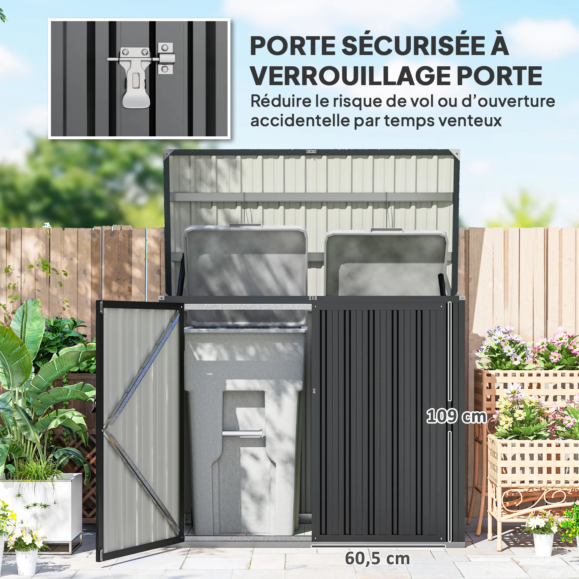 Cache-poubelles extérieur 2 bacs en acier galvanisé – gris foncé – vue 5