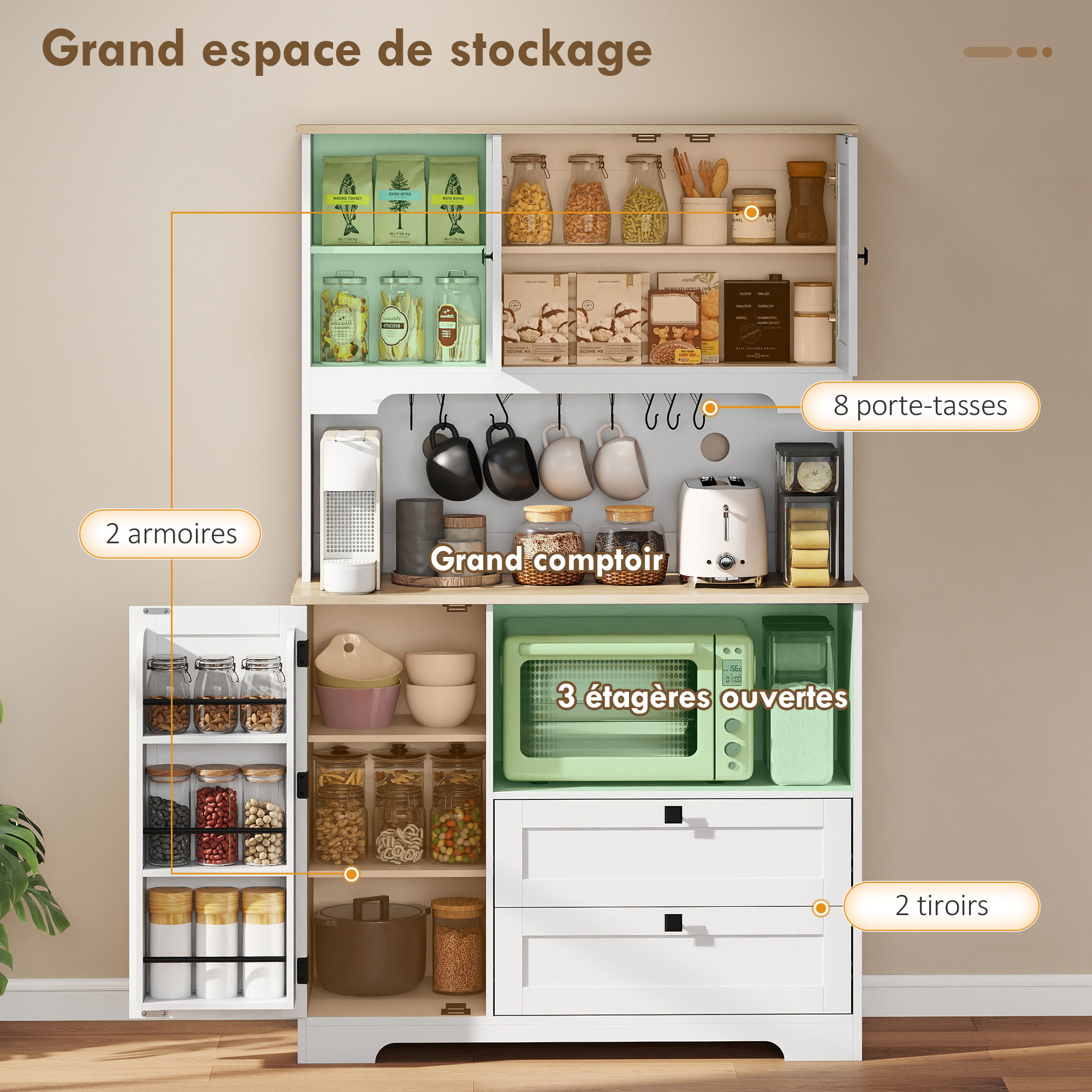 Buffet Haut Cuisine, Armoire Cuisine avec 3 Portes, 2 Tiroirs, Plan de Travail, Compartiments Ouverts, Blanc – vue de détail