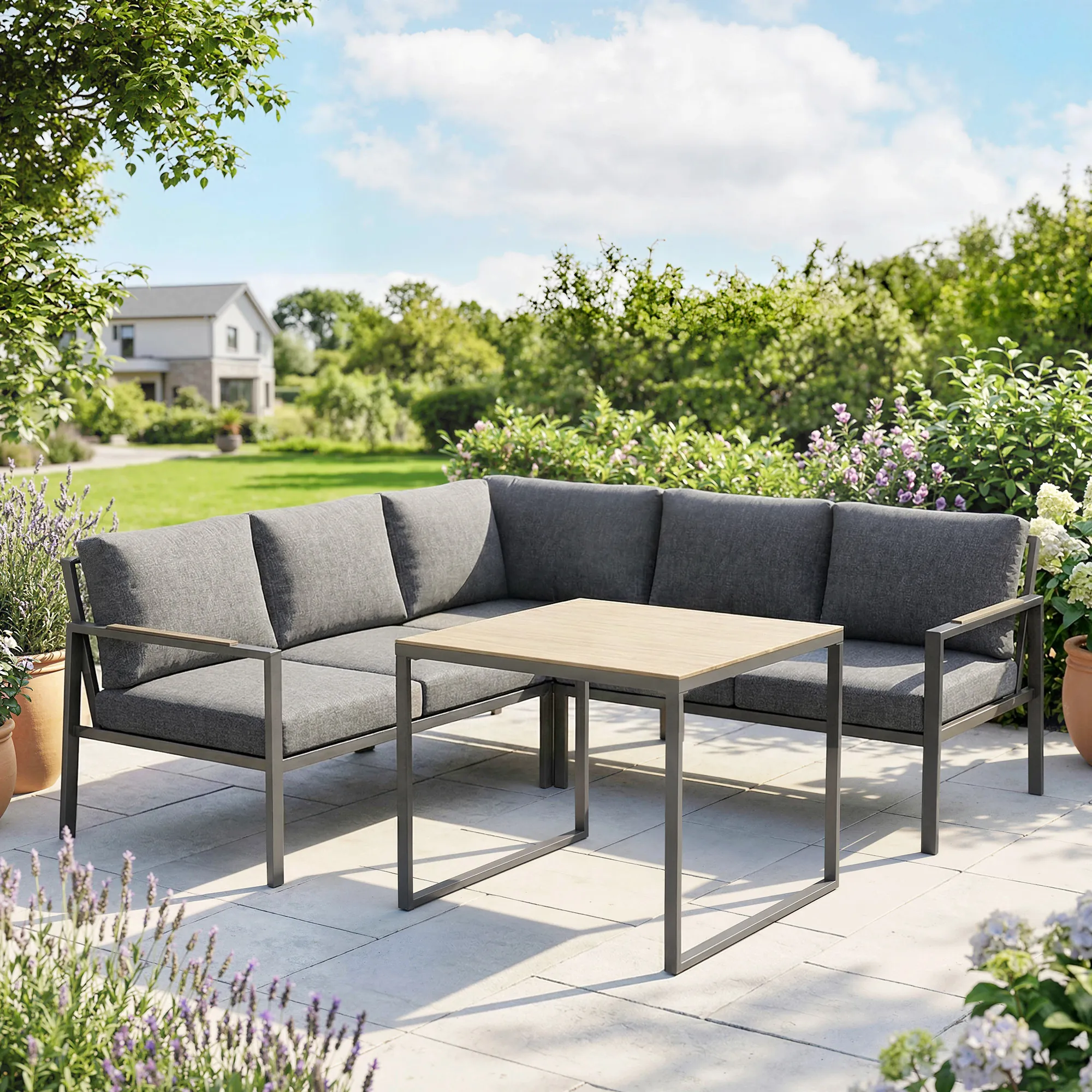 Salon de Jardin 5 Places avec Coussins & Table Basse – Gris Foncé – vue supplémentaire