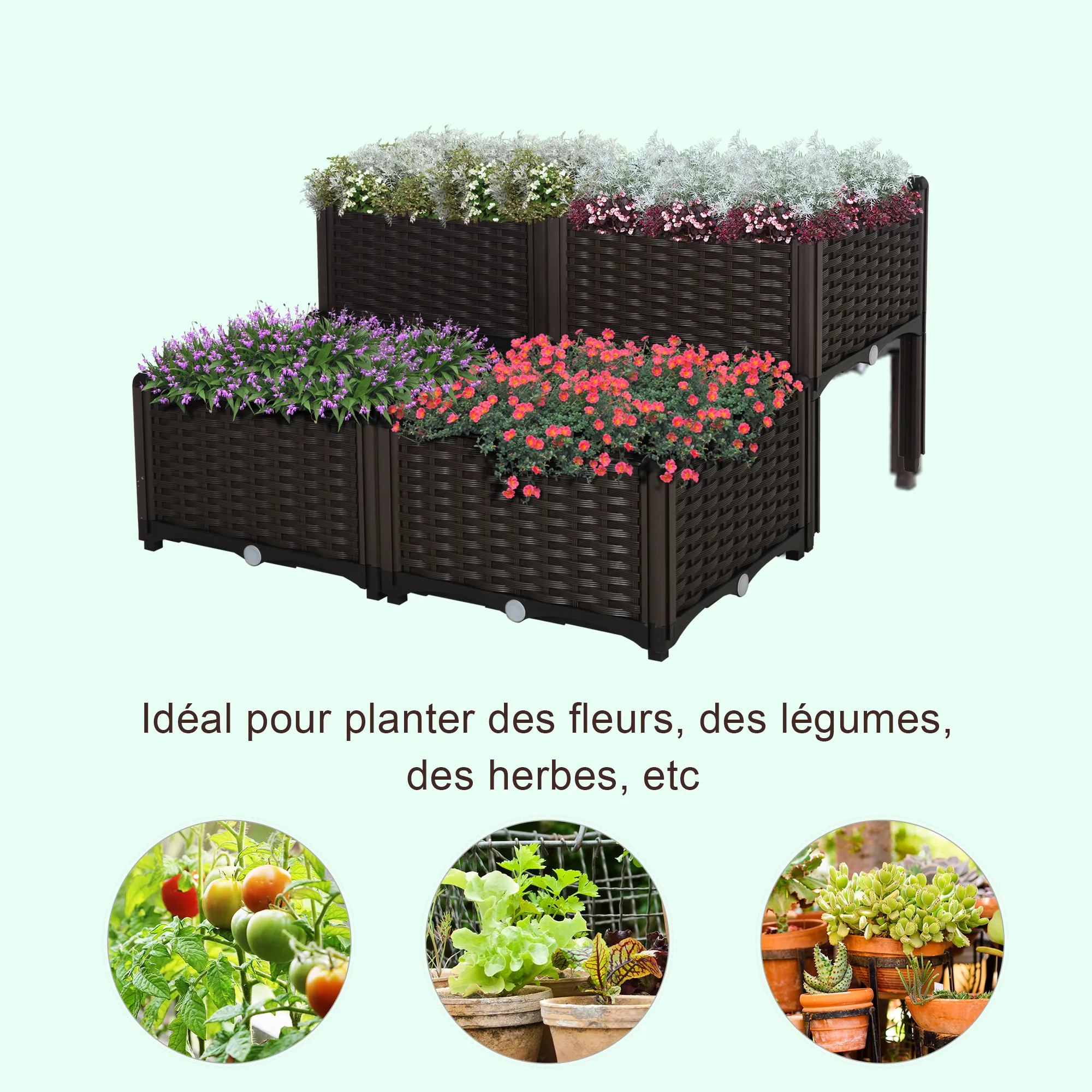 Jardinière sur pieds carré potager 2 étages dim. 80L x 80l x 44H cm insert d'irrigation plastique – vue 6