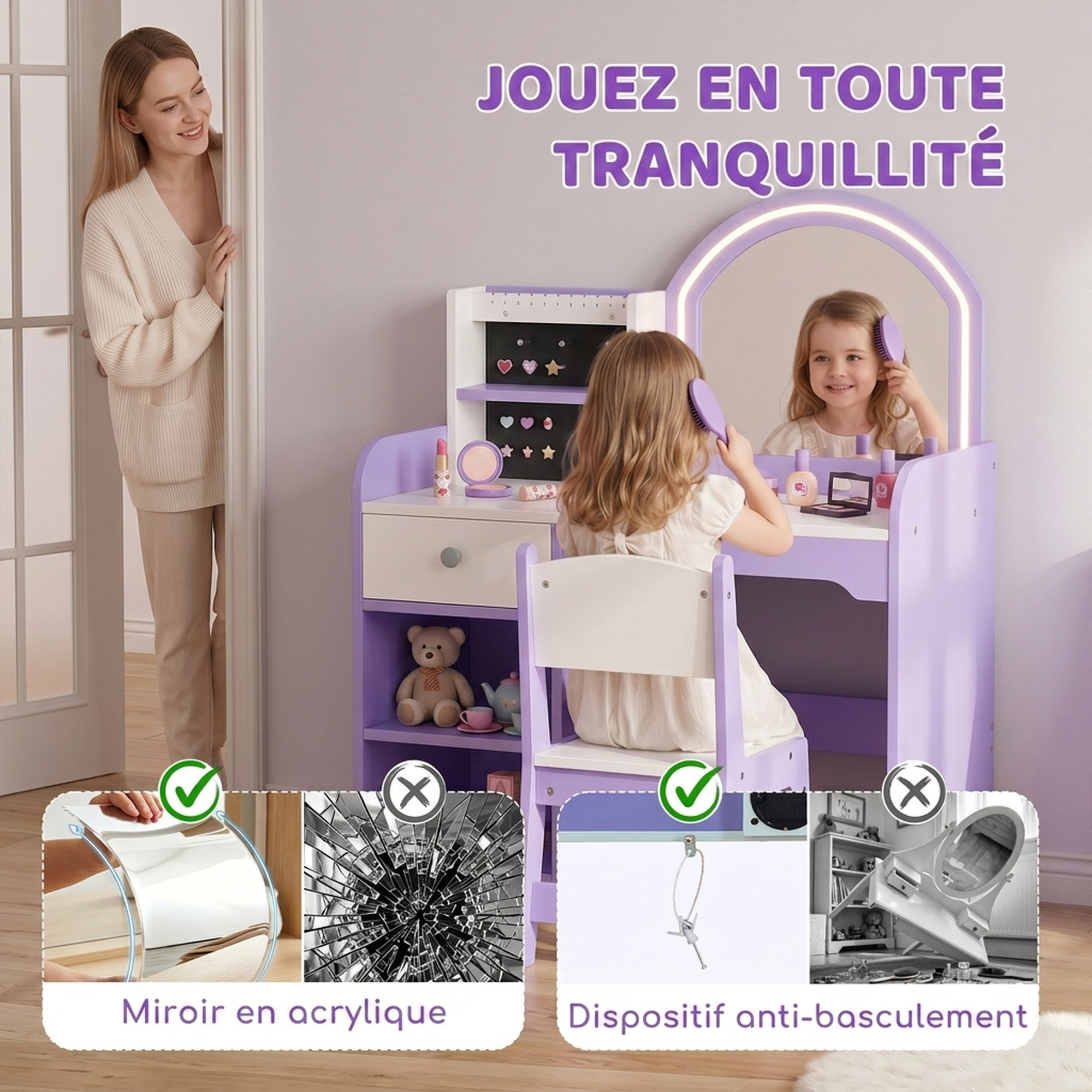Coiffeuse Enfant avec Miroir, Éclairage LED, Rangements & Tabouret – Violet & Blanc – vue 6