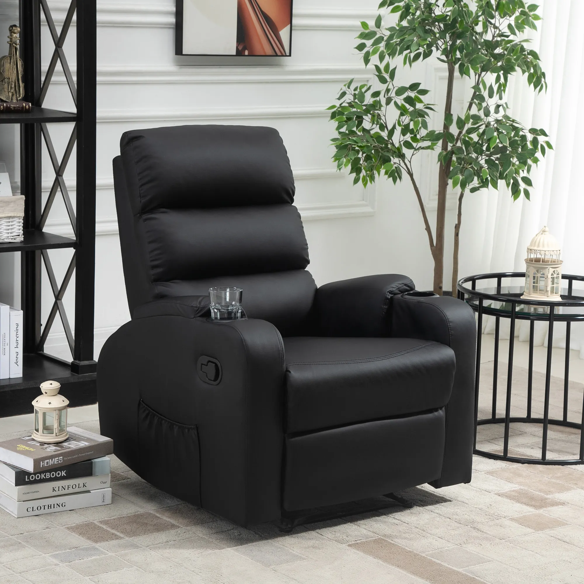 Fauteuil Relax Manuel Inclinable avec Repose-Pieds & Porte-Gobelets – Noir – Bild 2