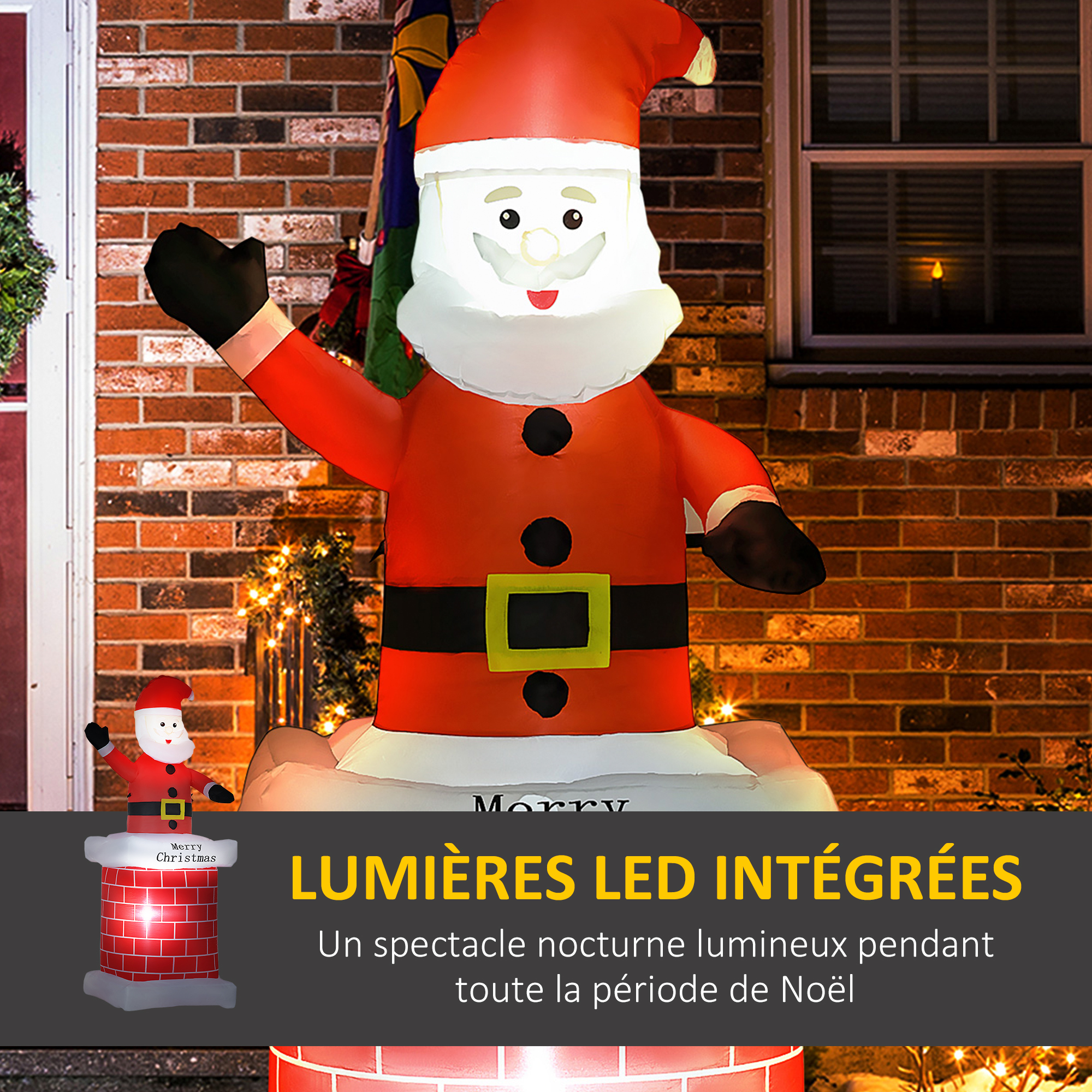 Père Noël gonflable avec cheminée 210 cm et LED – HOMCOM – vue de détail