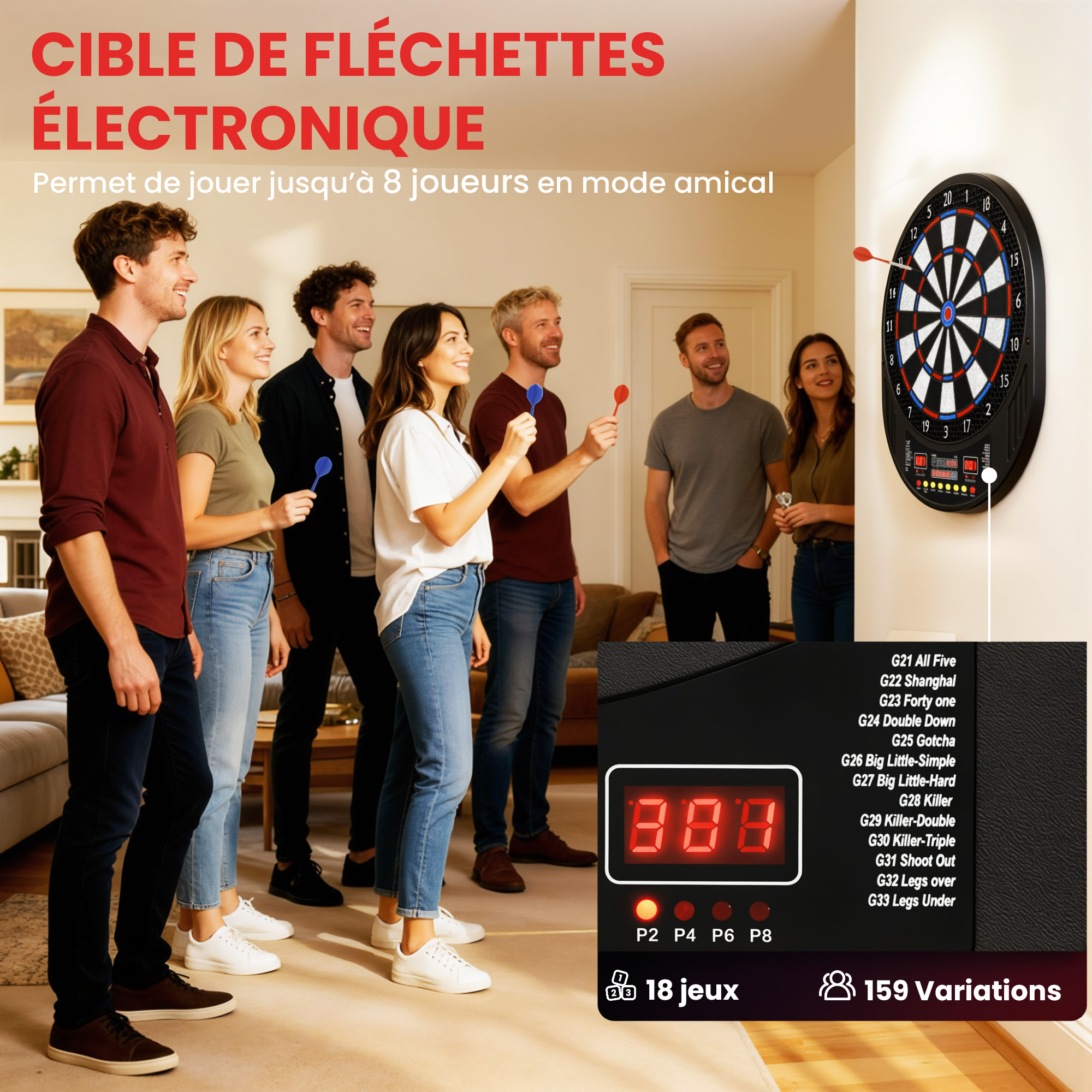 Cible de Fléchettes Électronique 33 Jeux – 8 Joueurs, Double Écran LED & 6 Fléchettes – vue de détail