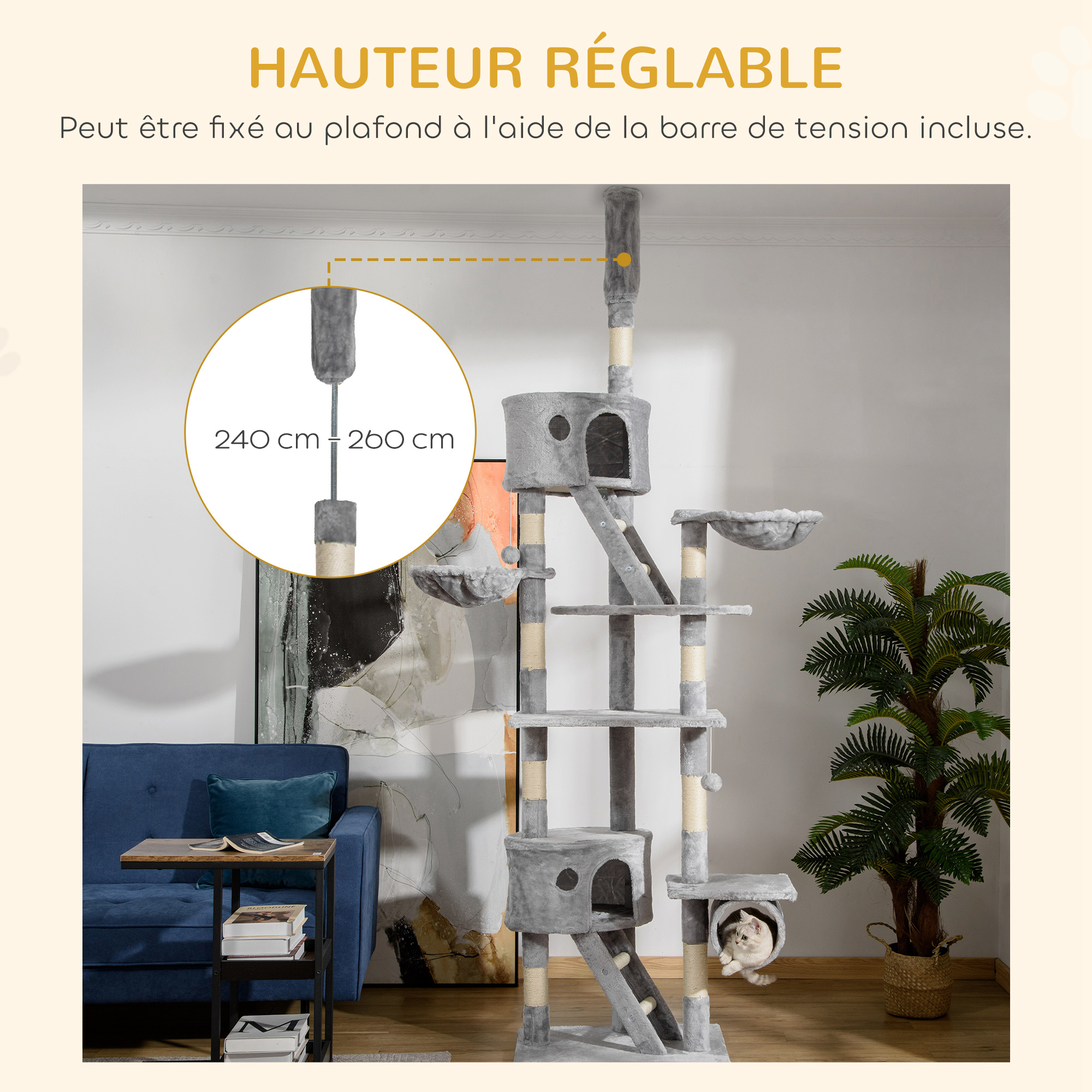 Arbre à chat du sol au plafond, tour à chat réglable en hauteur de 240-260 cm à plusieurs niveaux, gris clair – vue de détail