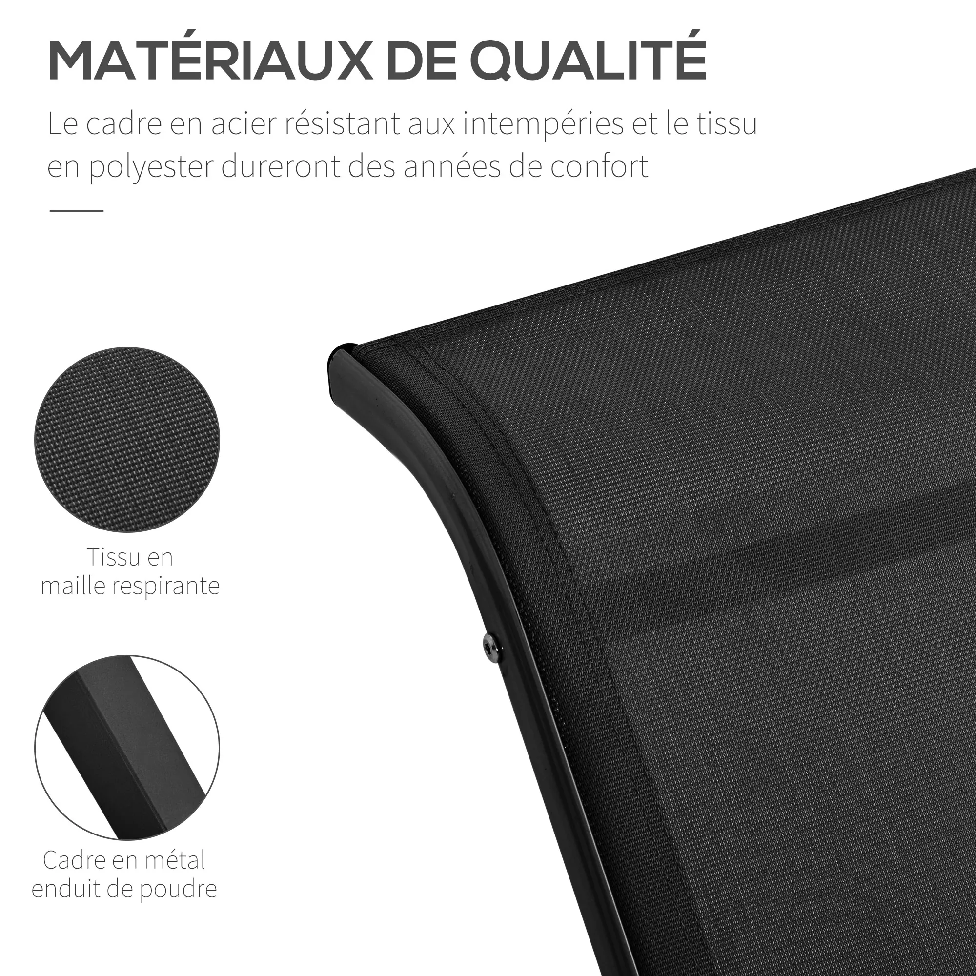 Lot de 2 bains de soleil chaise longue design contemporain table basse plateau verre trempé métal époxy textilène noir – vue 5