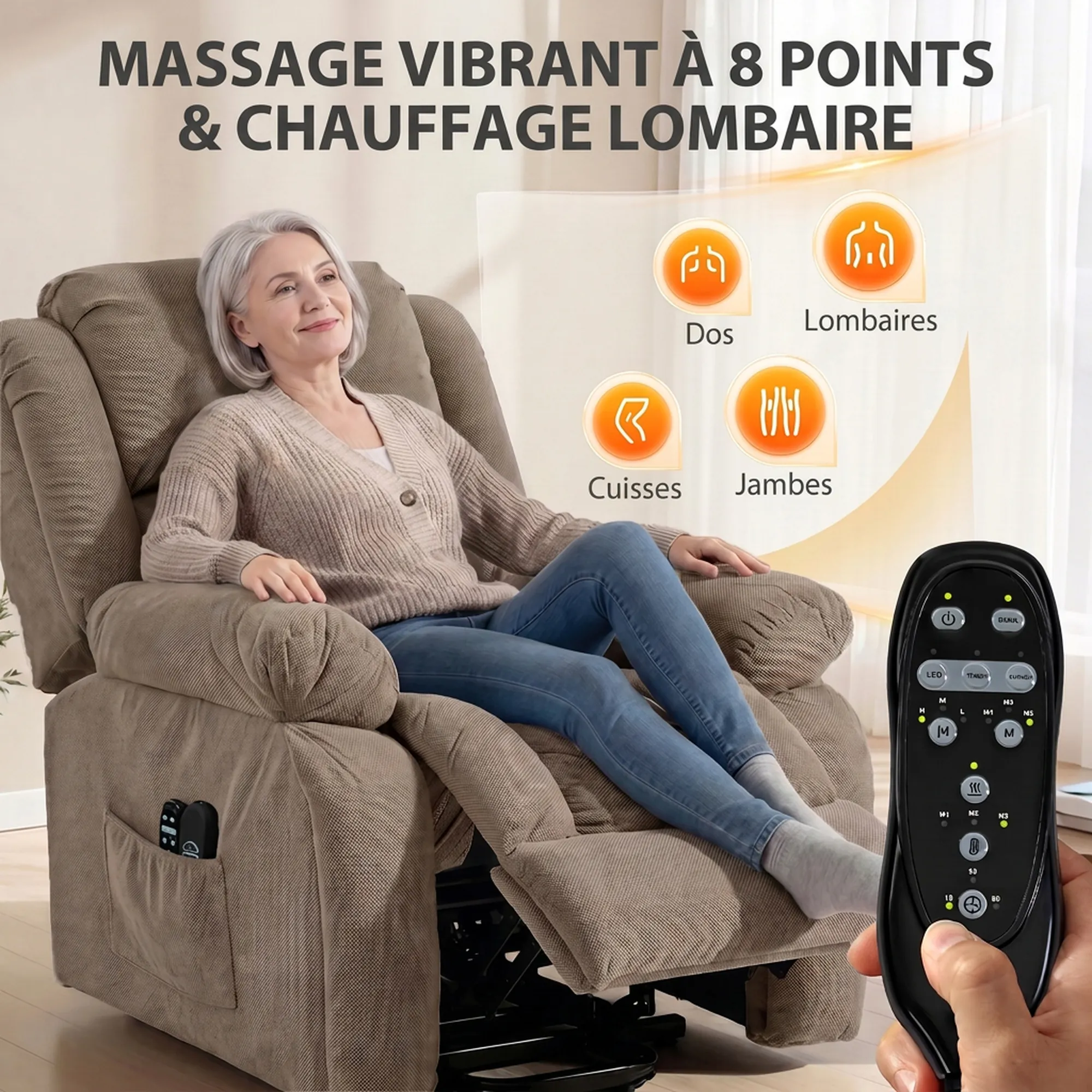 Fauteuil Releveur Électrique avec Massage et Chauffage – Marron – vue de détail