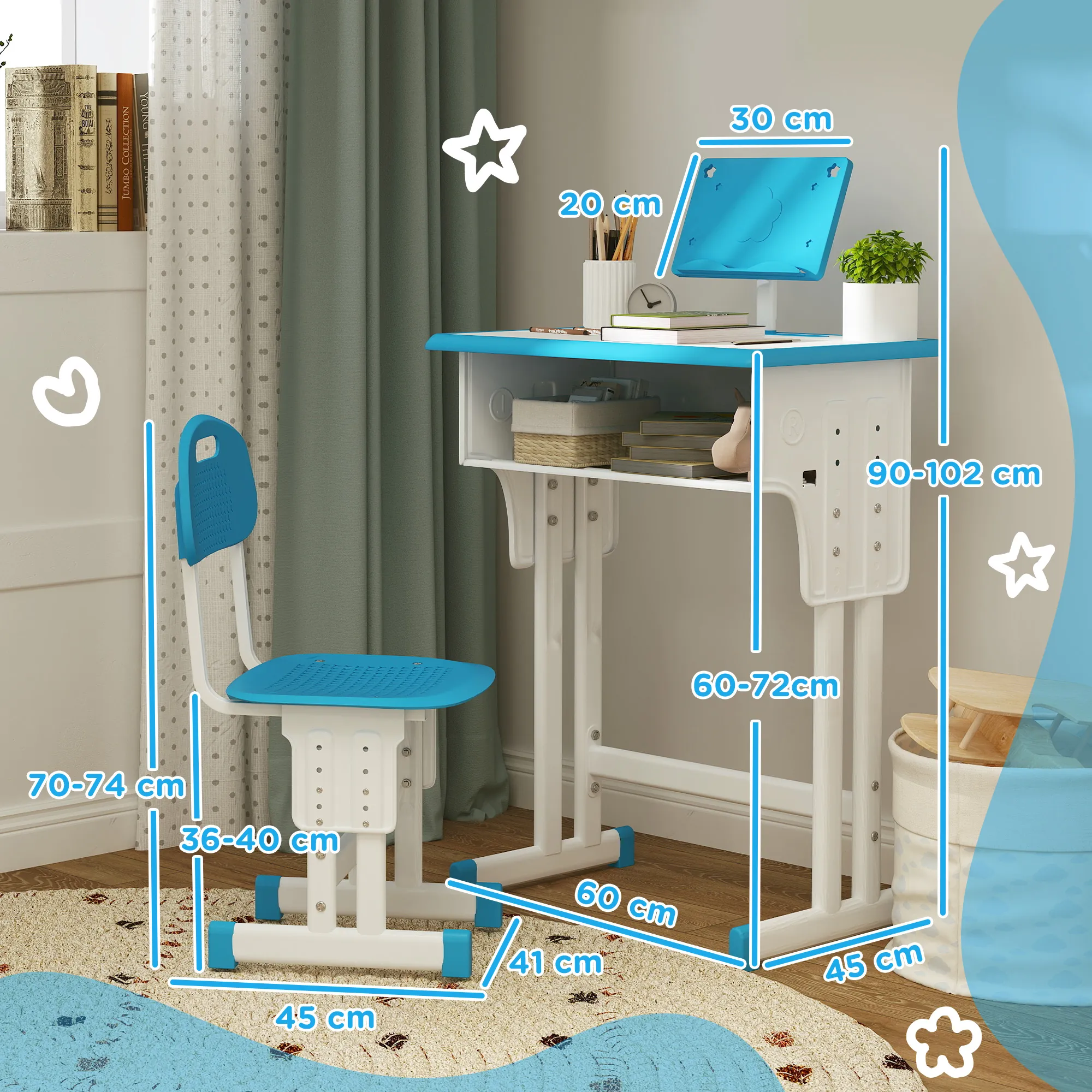 Bureau et Chaise Enfant Réglables avec Support de Lecture & Rangements – Bleu - Image 3