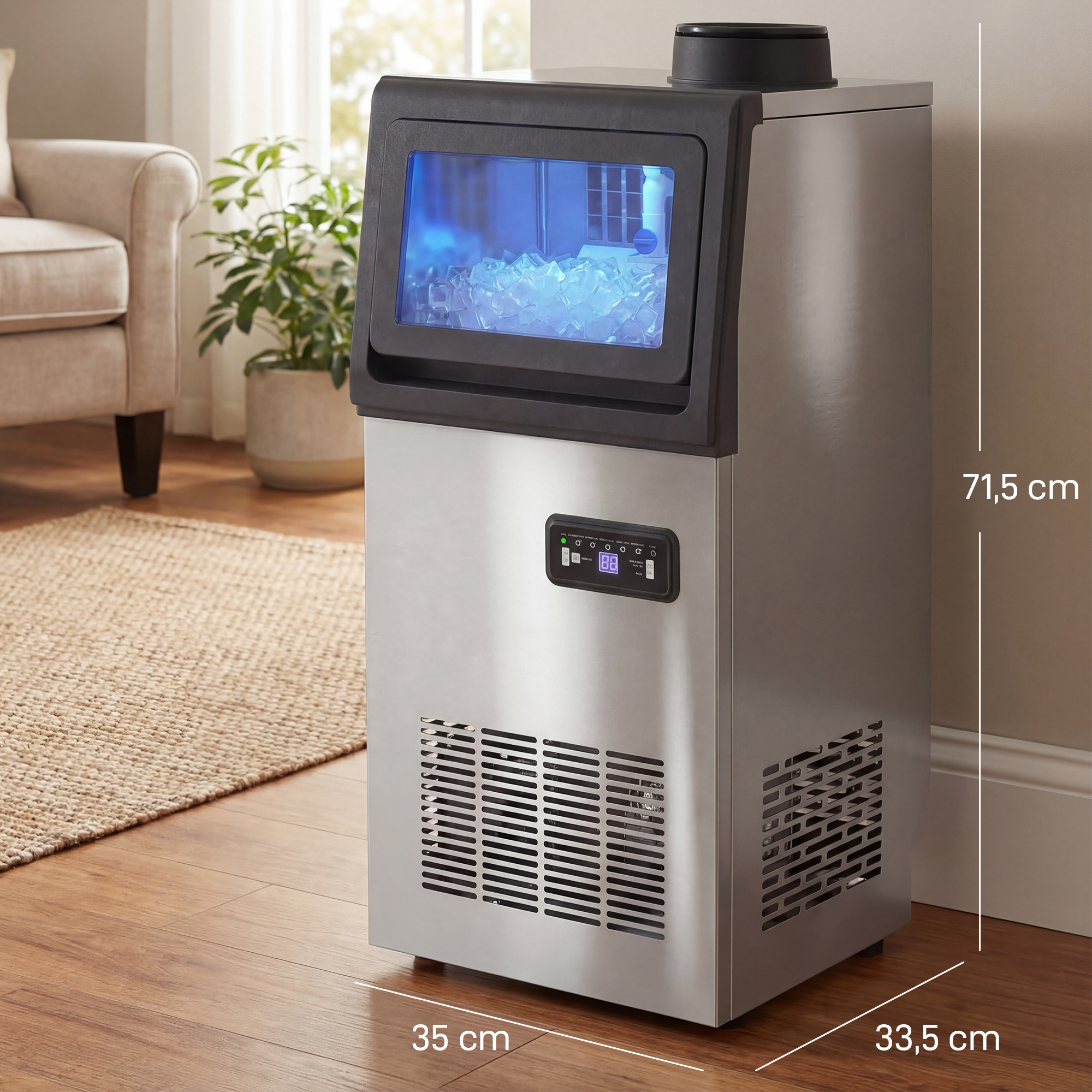 Machine à glaçons commerciale 36 kg/24h, acier inoxydable, ice maker, capacité 5,5 kg, 36 cubes par 10 minutes, – autre vue