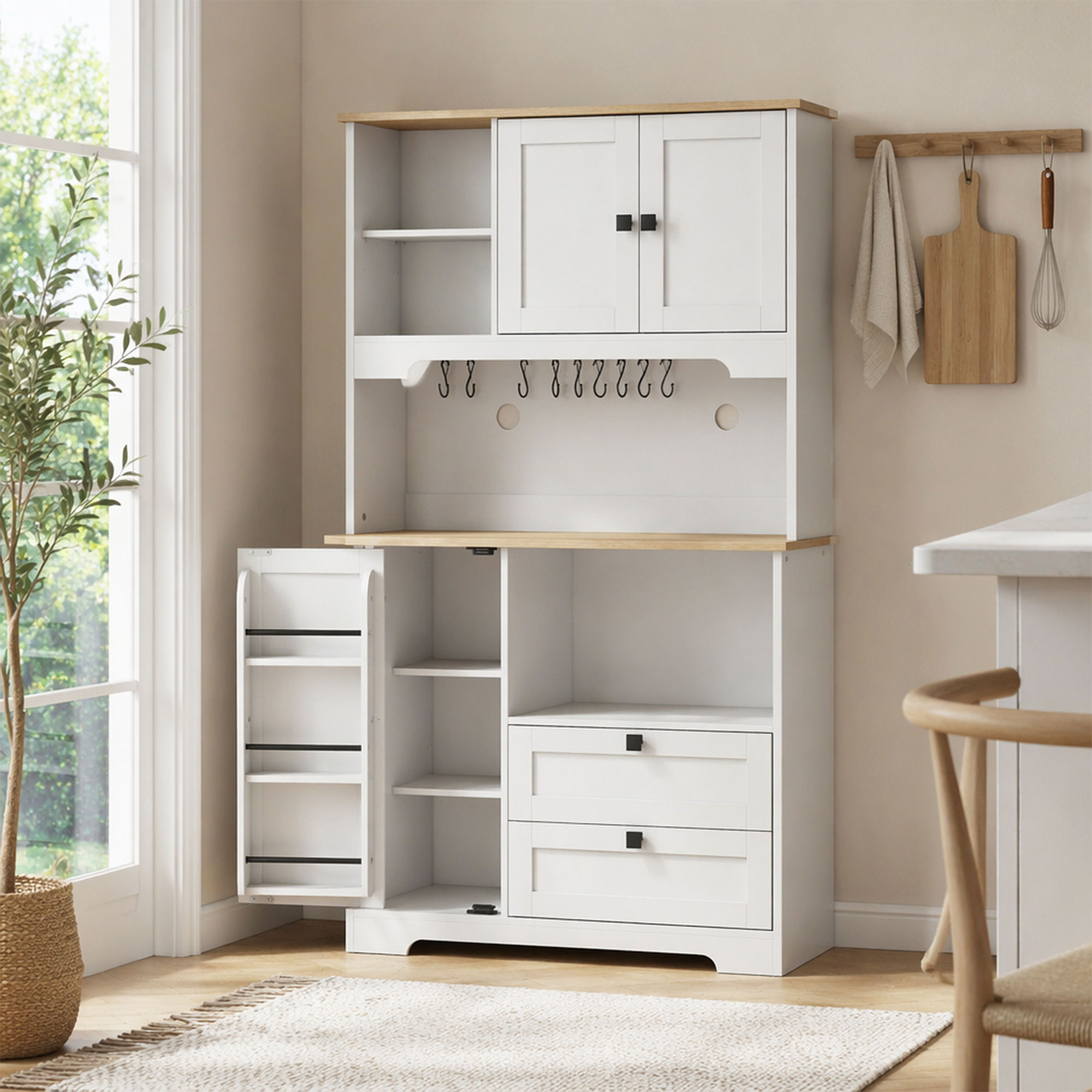 Buffet Haut Cuisine, Armoire Cuisine avec 3 Portes, 2 Tiroirs, Plan de Travail, Compartiments Ouverts, Blanc – vue supplémentaire