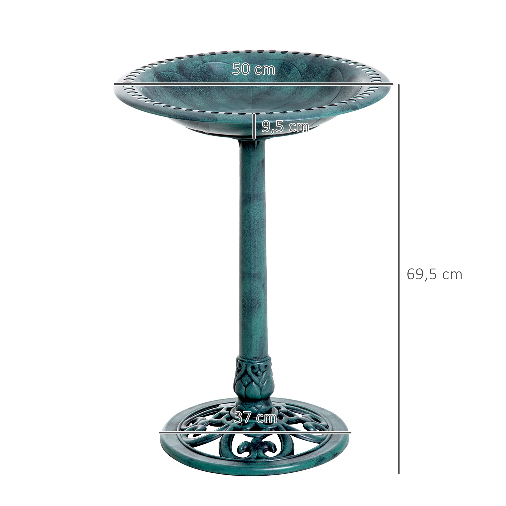 Bain d'oiseaux plateau de diamètre 50cm abreuvoir oiseaux extérieur sur pied hauteur 69,5 cm érugineux – autre vue