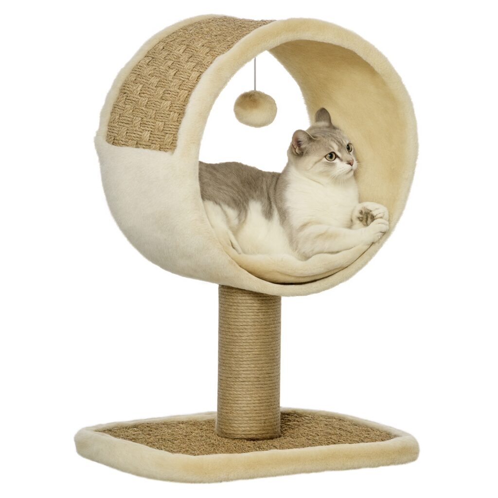 Arbre à chat compact 56 cm avec couchage, griffoir en jute & jouet – beige & kaki