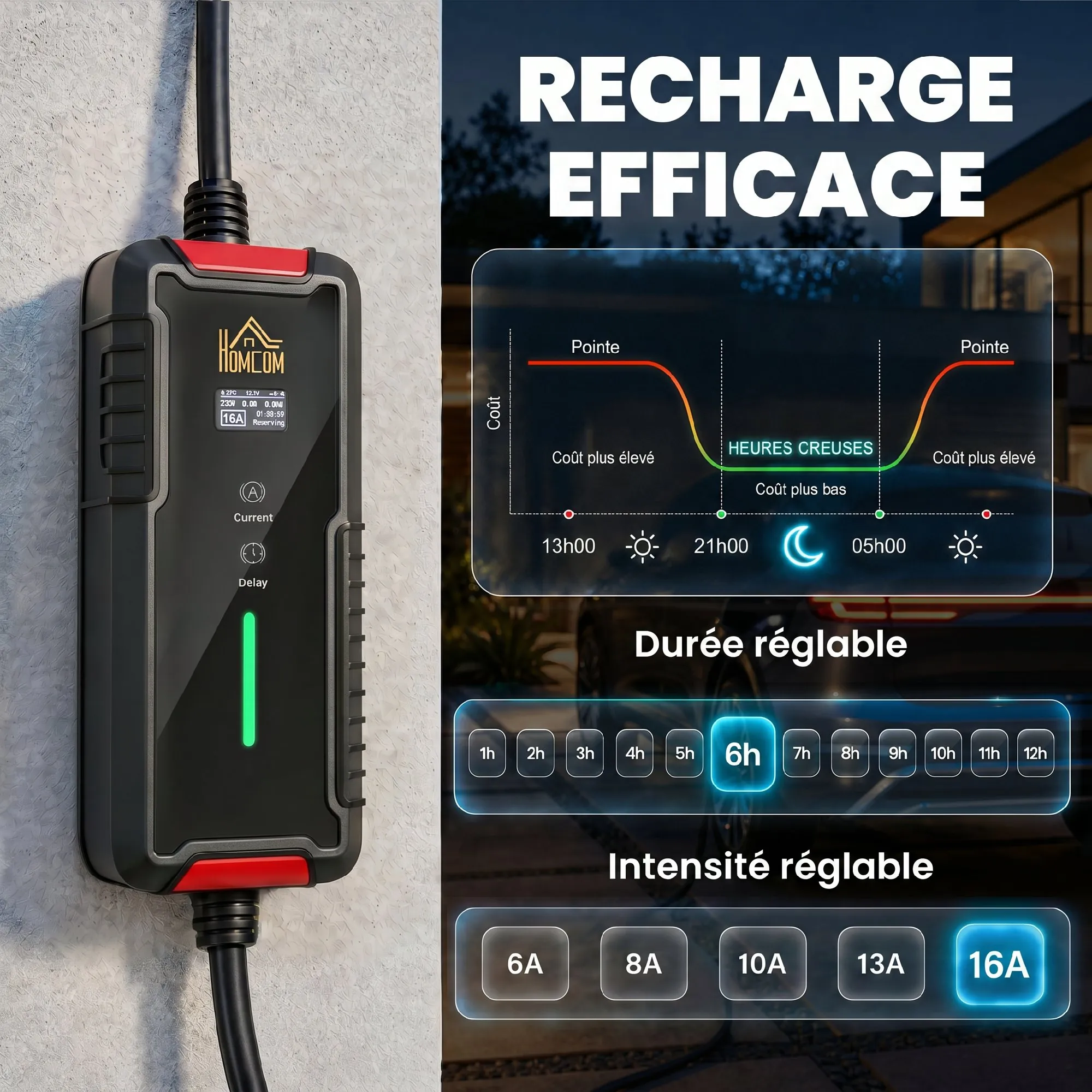 Chargeur voiture électrique Type 2 3,7 kW 16 A avec câble 5 m – noir - Afbeelding 4