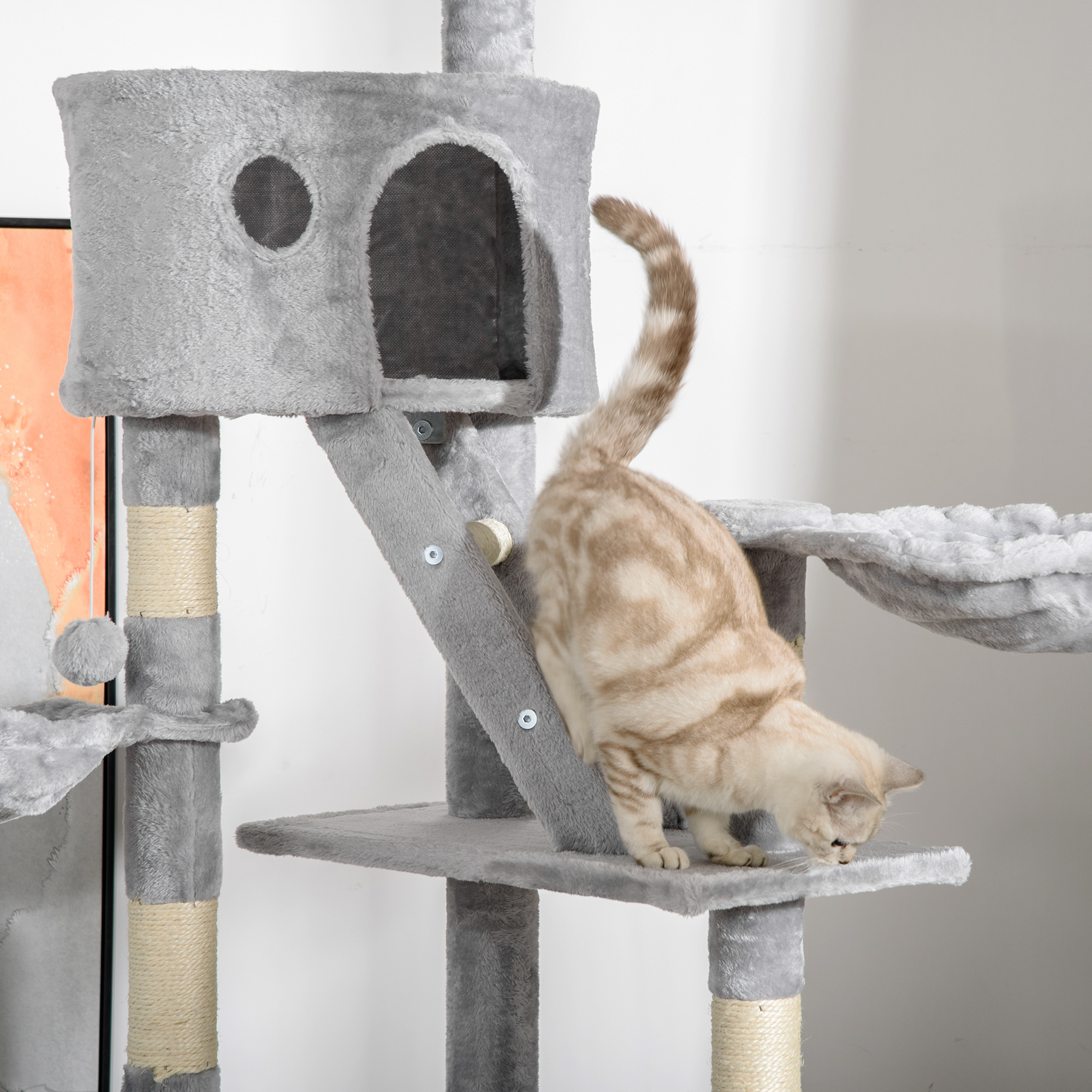 Arbre à chat du sol au plafond, tour à chat réglable en hauteur de 240-260 cm à plusieurs niveaux, gris clair – vue 9