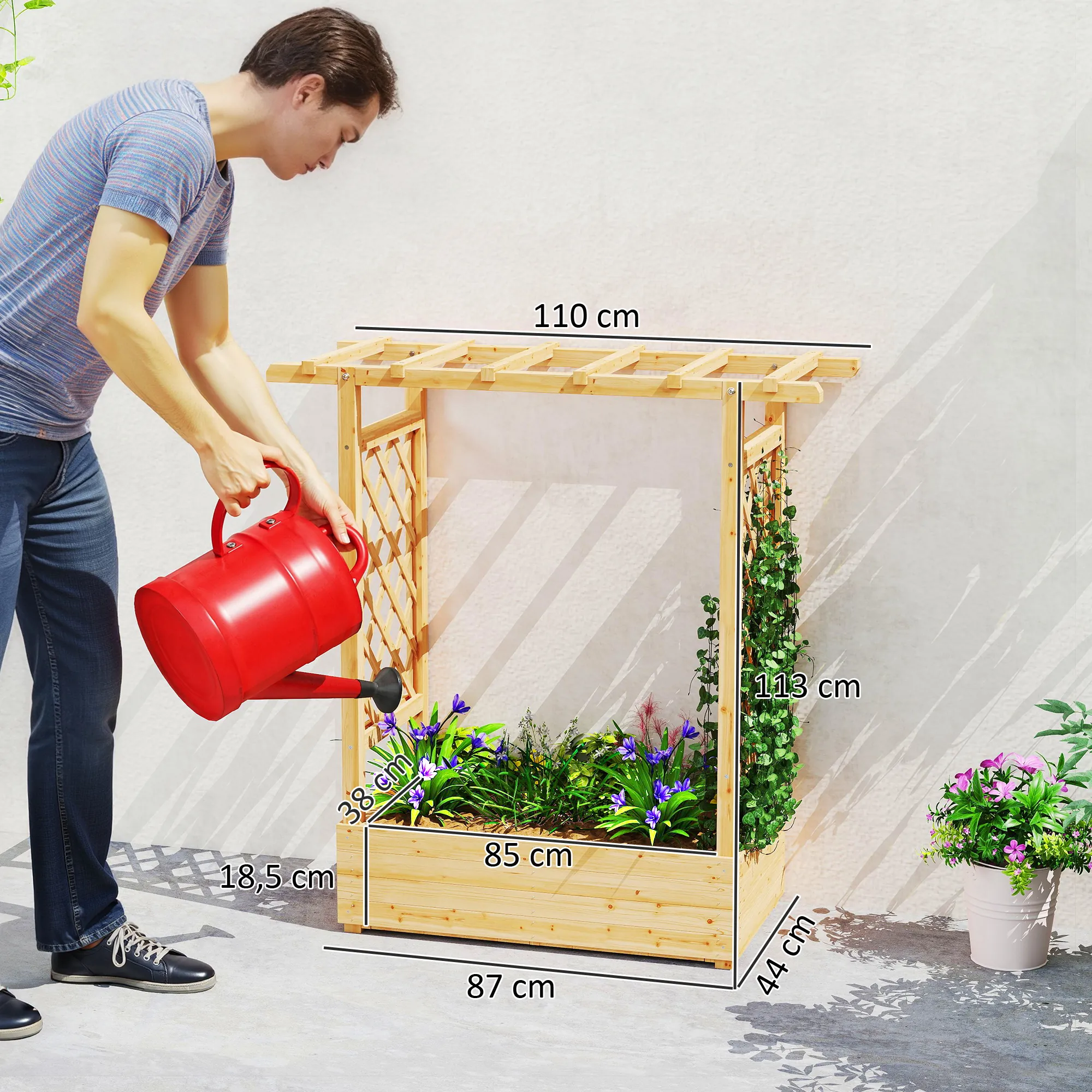 Jardinière surélevée avec treillis latéral et supérieur, bac à fleurs trous de drainage, 110x44x113cm, bois naturel – autre vue