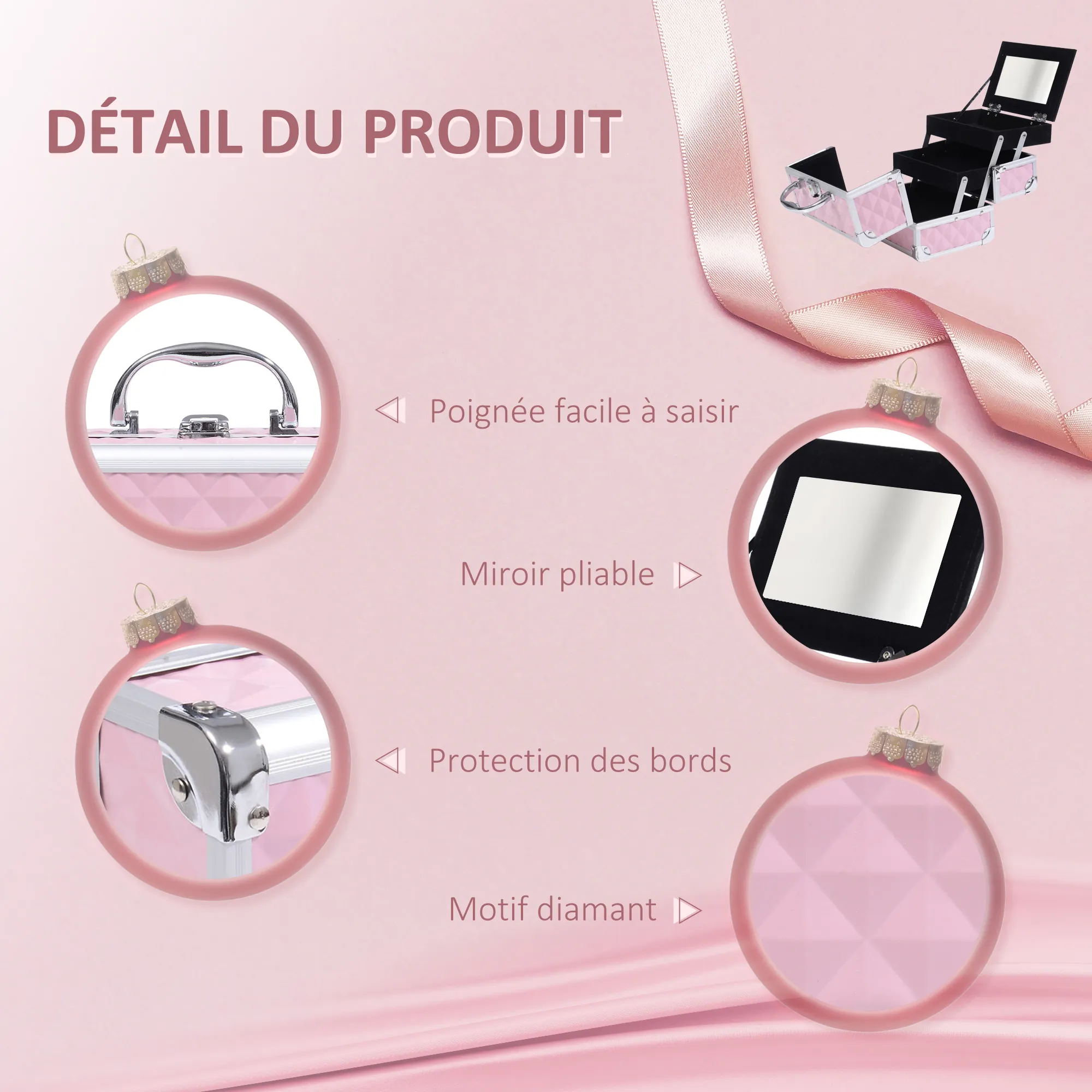 Mallette de maquillage 3 niveaux avec miroir & serrure – rose - Image 5