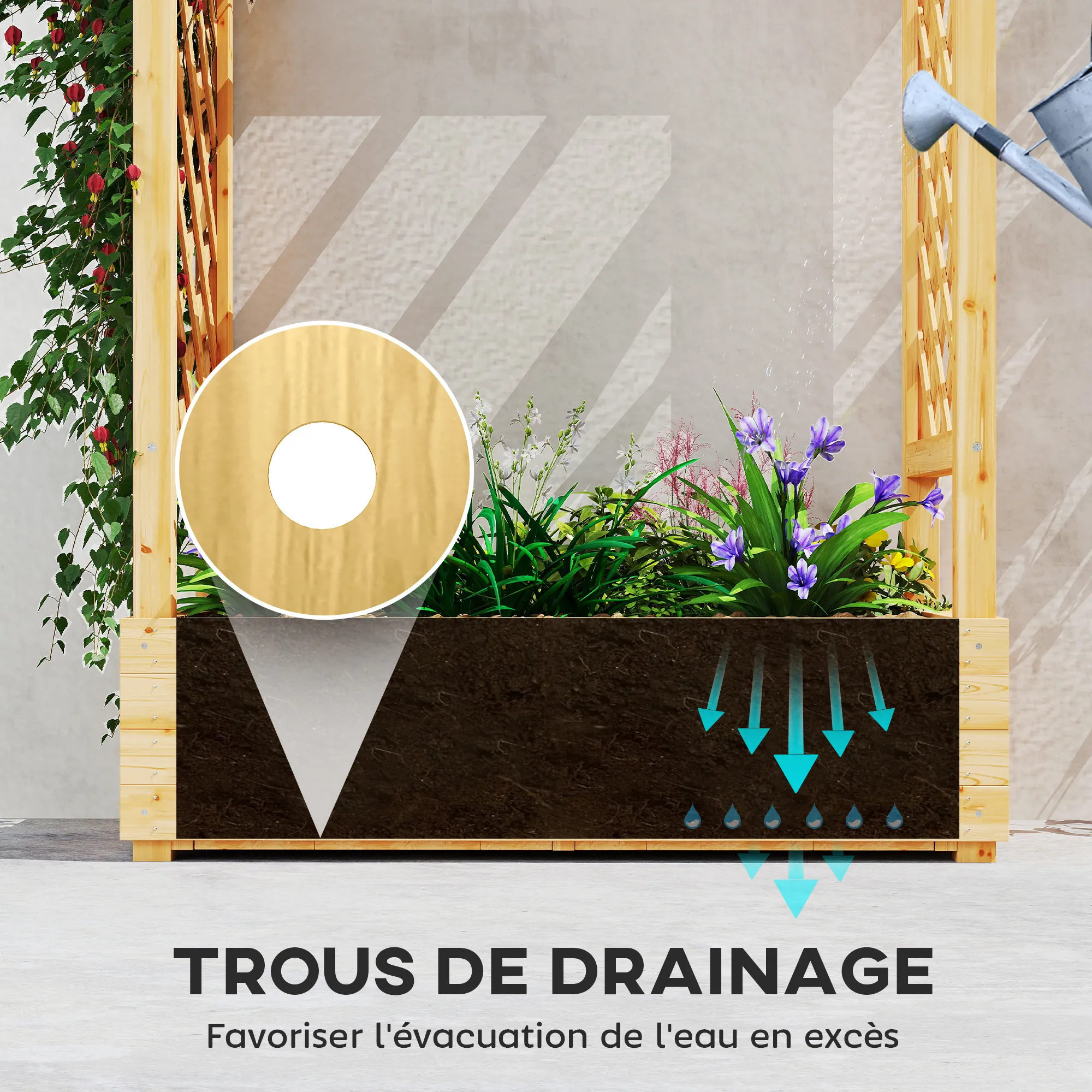 Jardinière surélevée avec treillis latéral et supérieur, bac à fleurs trous de drainage, 110x44x113cm, bois naturel – vue 6