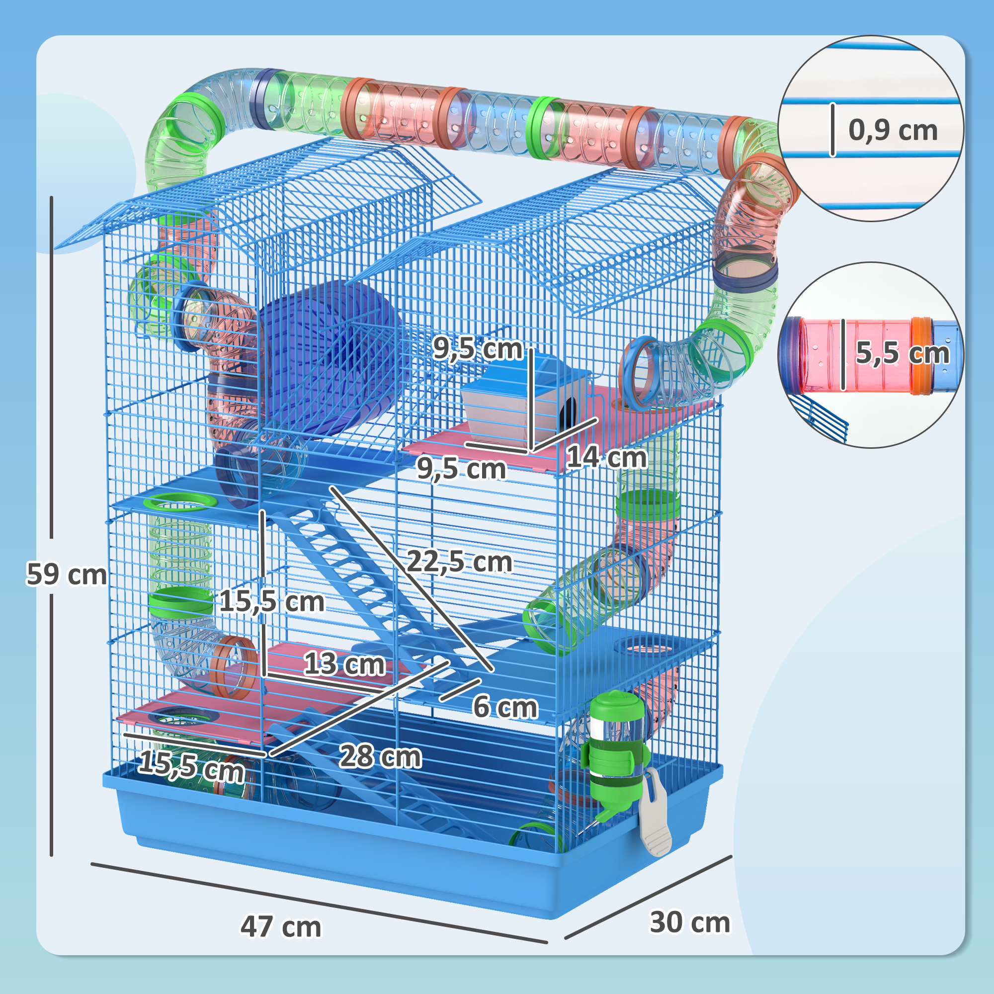 Cage pour Hamster Souris Petit Animaux Rongeur avec Tunnel Mangeoire Roue Jouet 47 x 30 x 59 cm Bleu – autre vue
