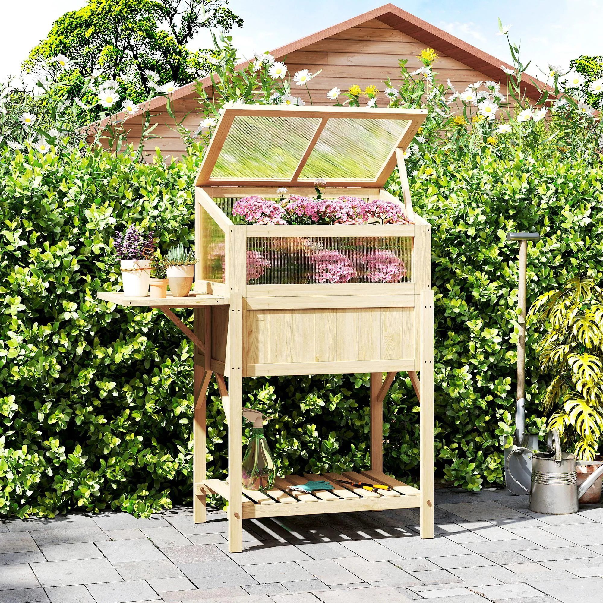 Carré Potager Surélevé avec Serre & Table Pliante – Bois Naturel – vue 9