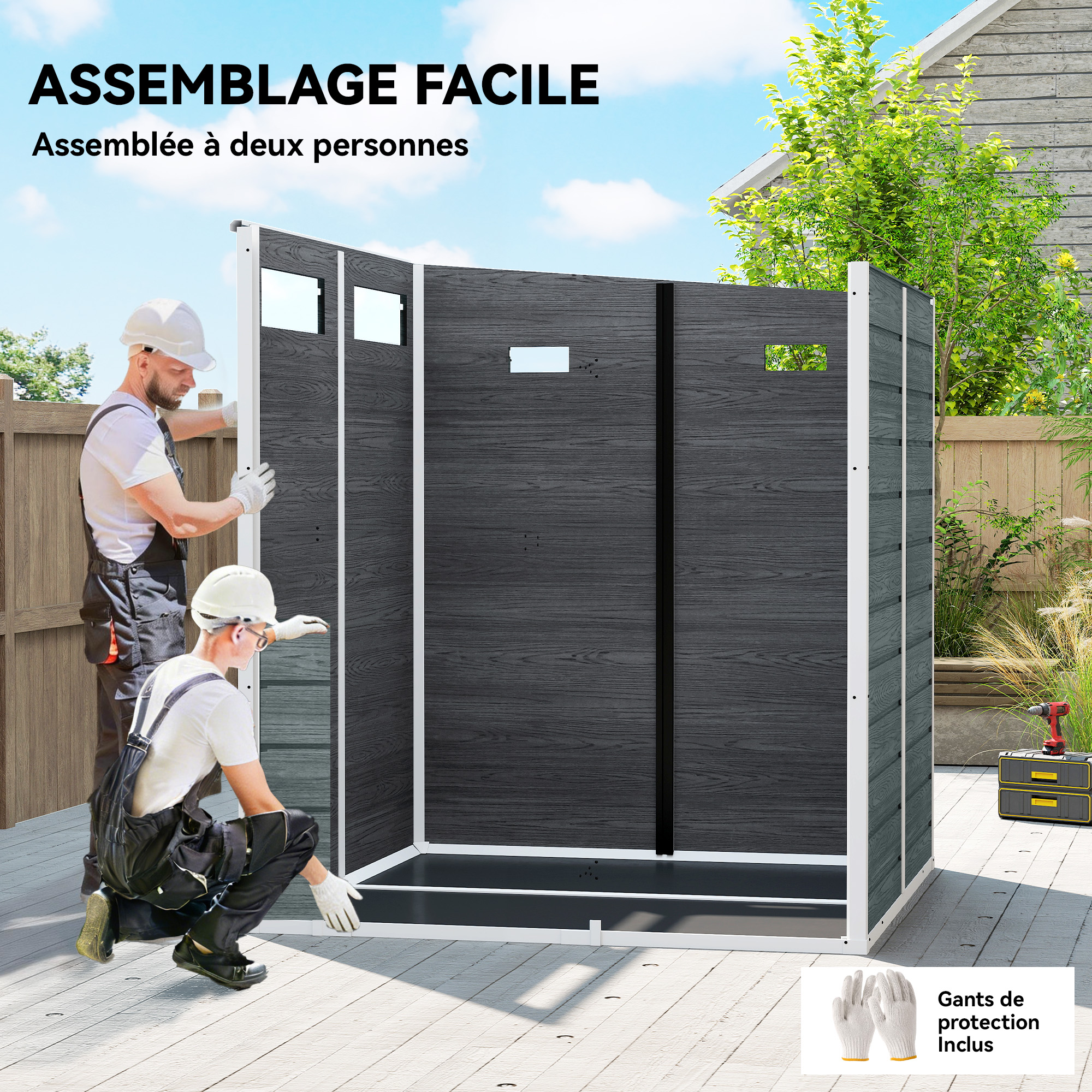 Abri de Jardin Cabanon de Stockage Plancher Structure Aluminium 3 Fenêtres 2 Aérations 182x182x183cm Gris Effet Bois – vue 7